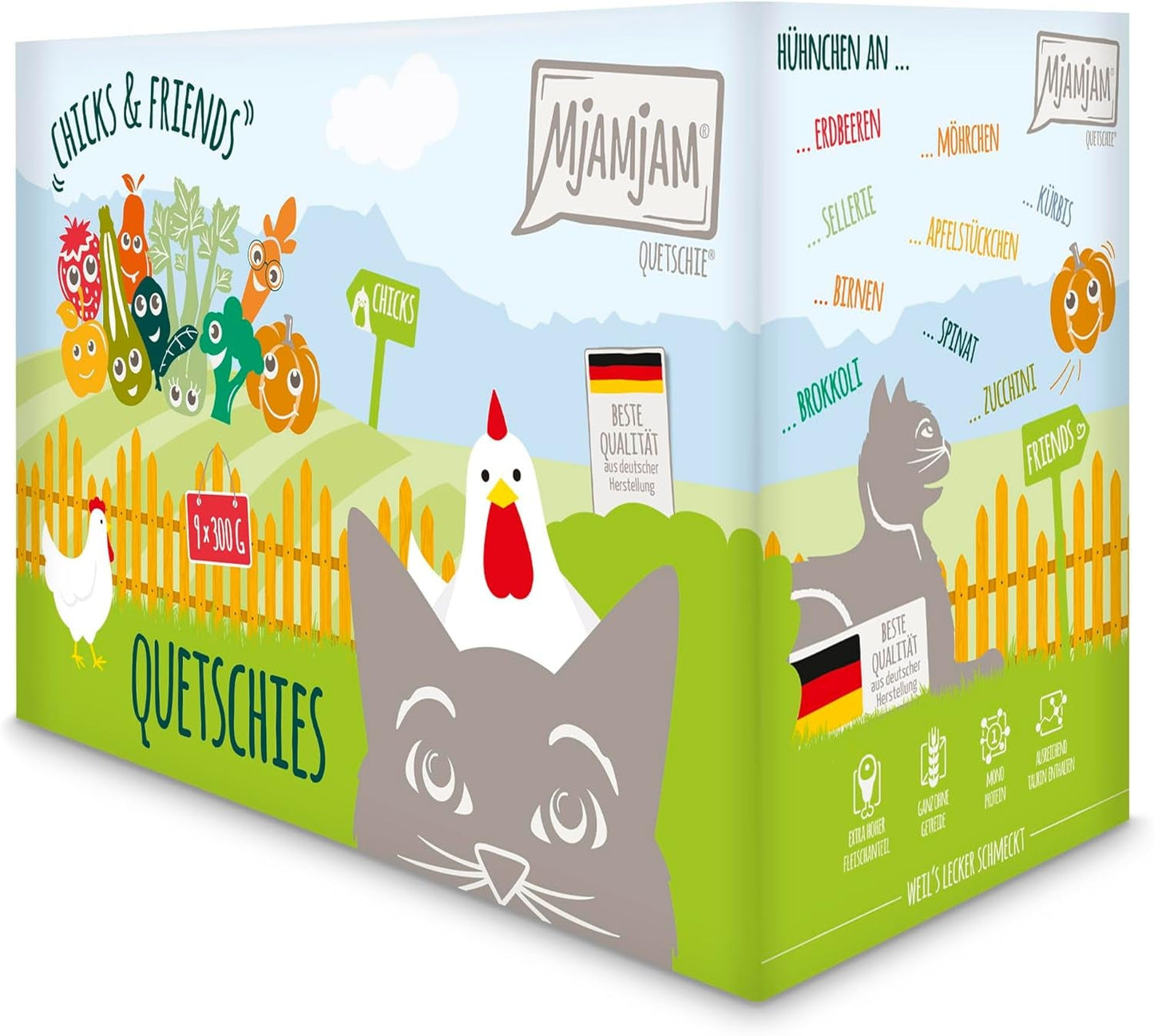 MjAMjAM - Premium Nassfutter für Katzen - Chicks & Friends Box, confezione da 9 (9 x 300 g), getreidefrei mit extra Fleisch