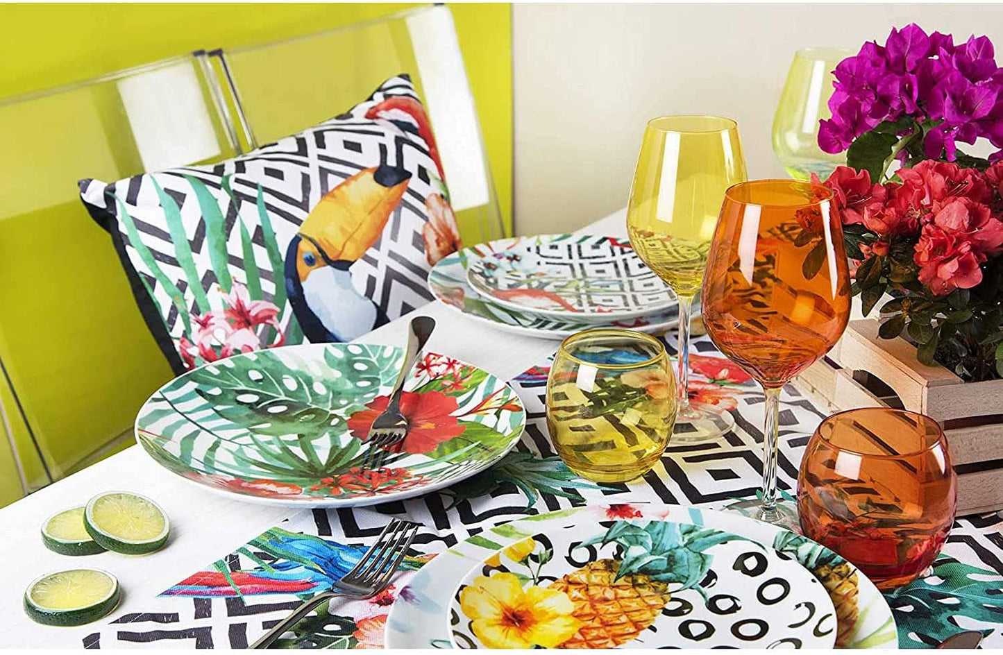 Set di piatti Excelsa Tropical Chic, 18 pezzi, Porzellan, mehrfarbig