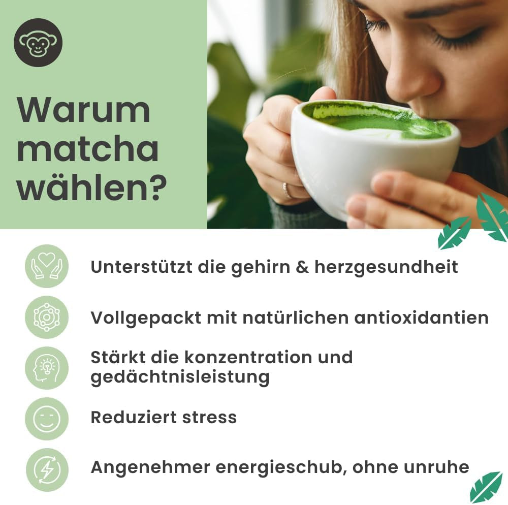 Polvere di matcha di grado cerimoniale Purechimp 50 g. Polvere di tè coltivata all'ombra pura al 100% per latte macchiato, infusi e ricette. Barattolo riciclabile. Ricco di antiossidanti.