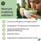 Polvere di matcha di grado cerimoniale Purechimp 50 g. Polvere di tè coltivata all'ombra pura al 100% per latte macchiato, infusi e ricette. Barattolo riciclabile. Ricco di antiossidanti.