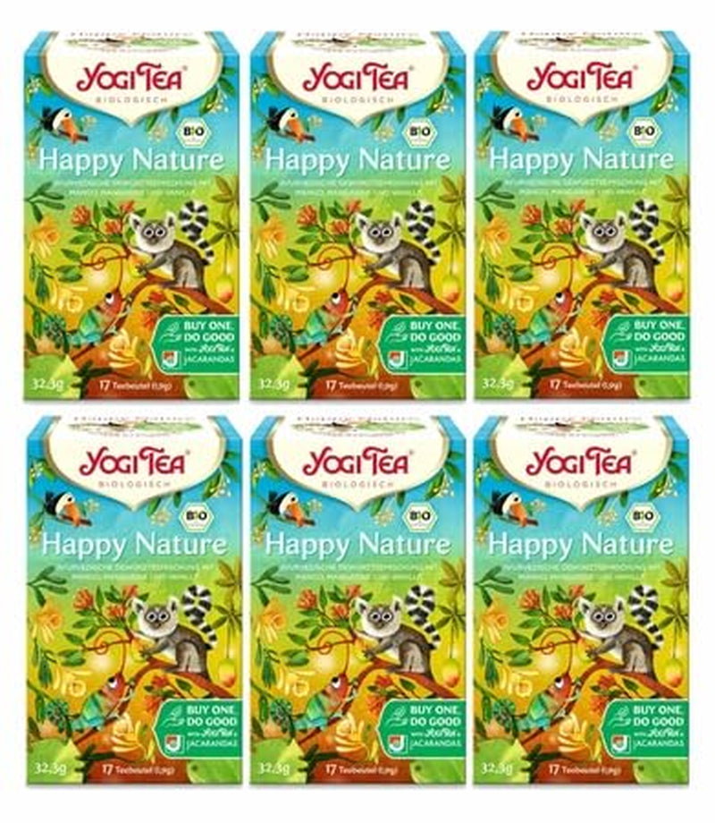 Yogi Tea - Happy Nature, Buy One and Do Good, tisana ayurvedica biologica alle erbe, mango, mandarino, miscela di vaniglia, confezione da 6 tè Yogi, 6x17 bustine di tè (102 bustine di tè in totale)