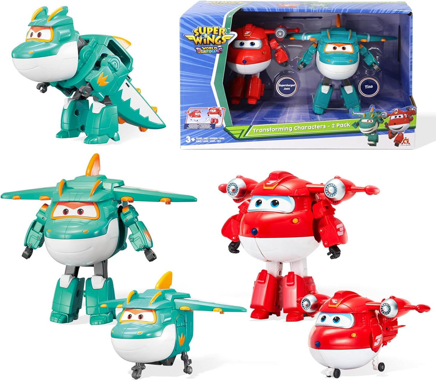 Super Wings Personaggi Trasformanti da 5" Confezione da 2 Jett Supercaricati + Tino Transformer Giocattolo per Ragazzi e Ragazze dai 3 Anni in su Action Figure Rosse Naty Shop Jett Tino
