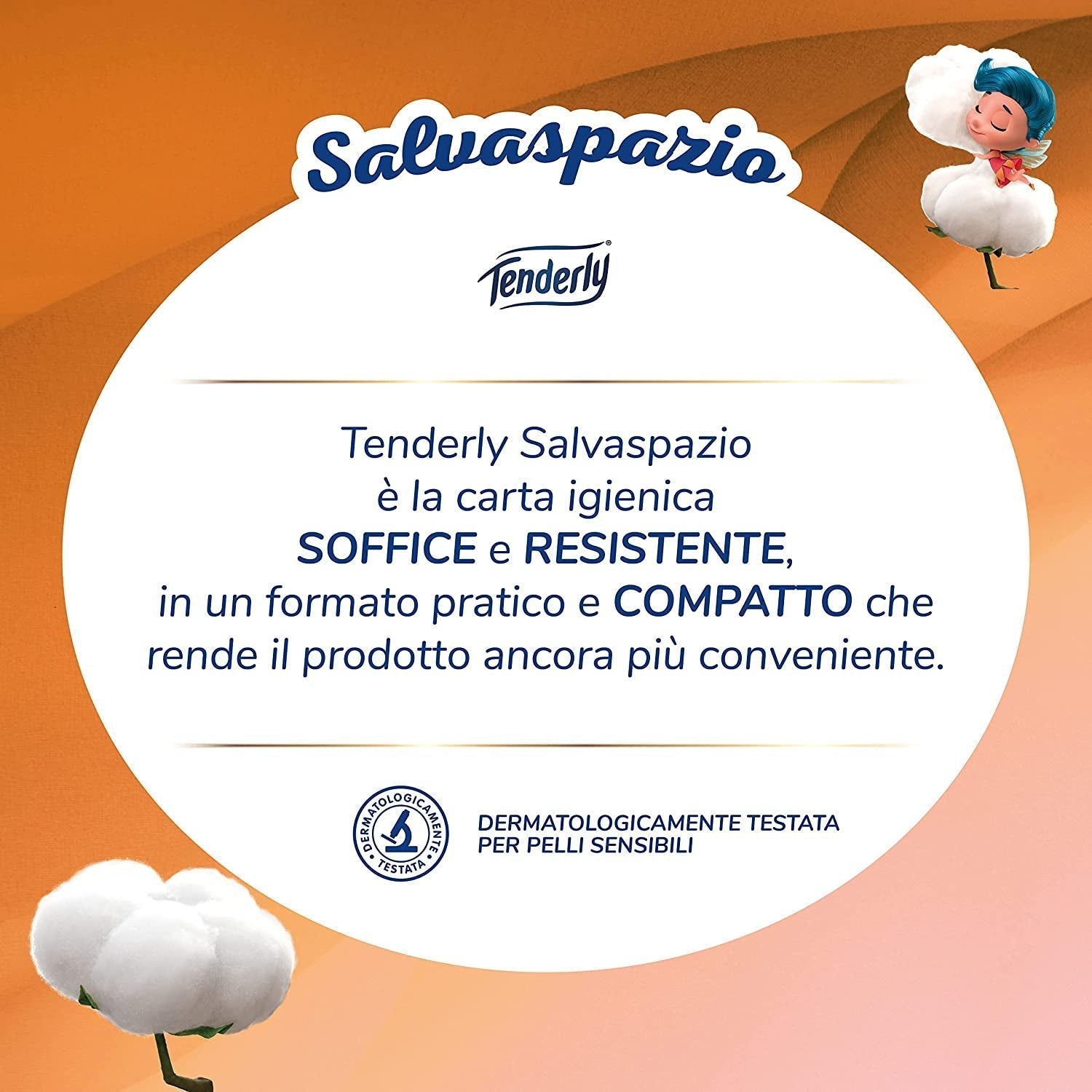 Salvaspazio, 96 rotoli di carta igienica, 2 veli, 220 strappi per rotolo, Con estratti naturali di malva e calendula, Made in Italy, Dermatologicamente testata.