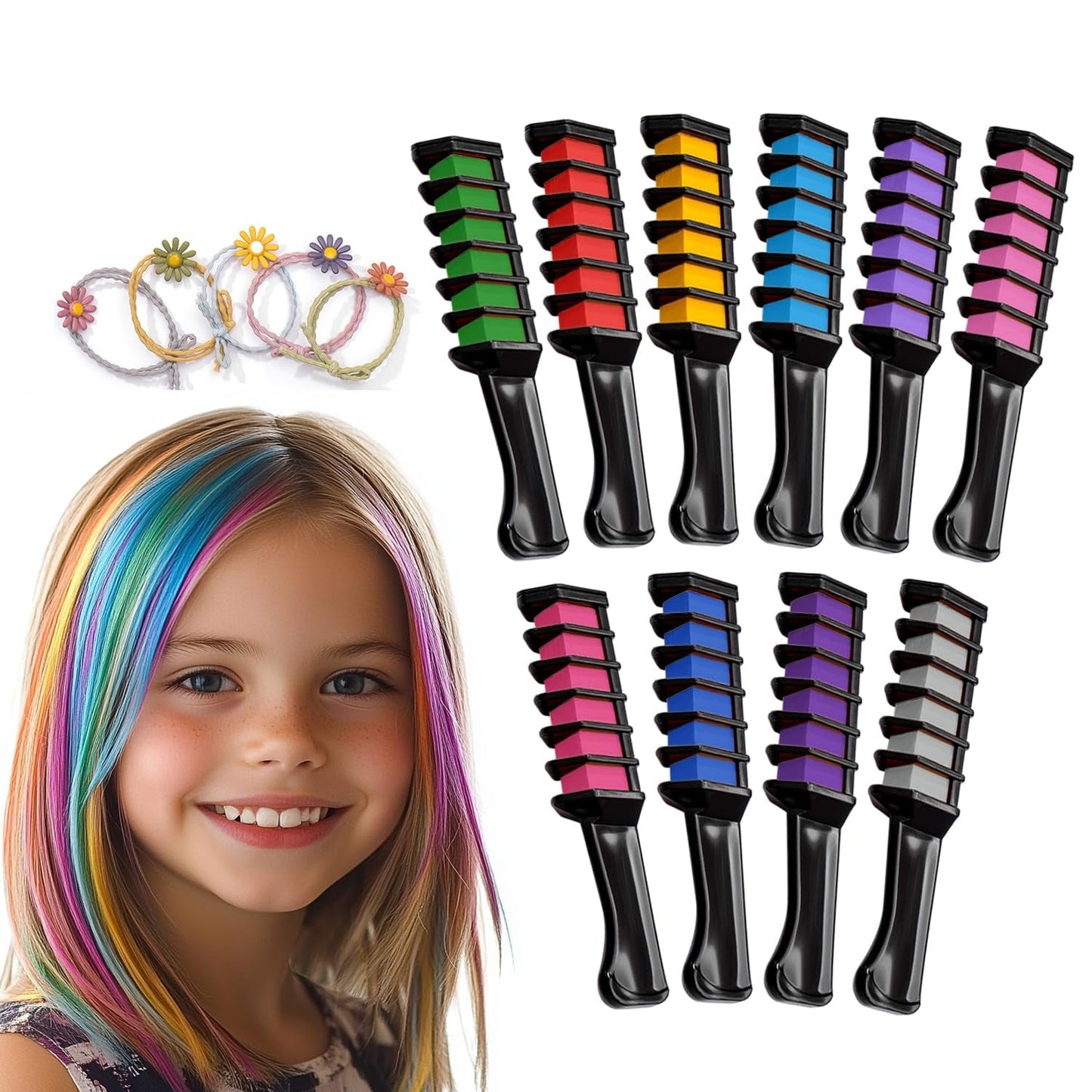 Magicat Set Gessetti per Capelli per Bambine I 10 Colori Lavabili e 5 Elastici per Capelli I Regalo per Bambine dai 4 ai 10 Anni I Regalo Creativo per la Festa di Compleanno dei Bambini 2025 I Tinture per Capelli Sicure e Colorate Naty Shop 200 G (1 Confezione)