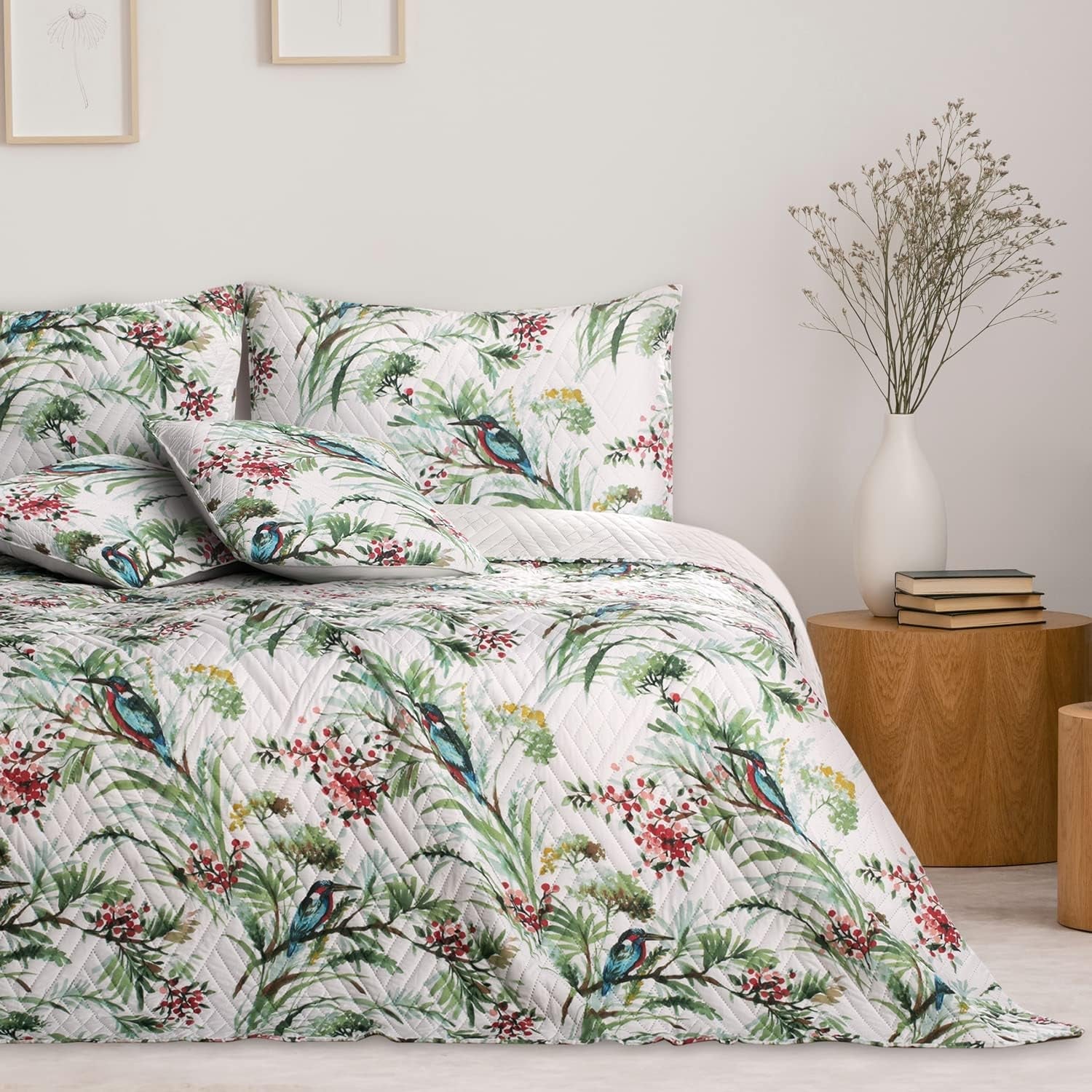 Ameliahome Copriletto Copriletto 260X280 cm Double Face Trapuntatura Facile da pulire Motivo vegetale Motivo uccello Martin pescatore multicolore Letti e coperte Besuche den AmeliaHome-Store