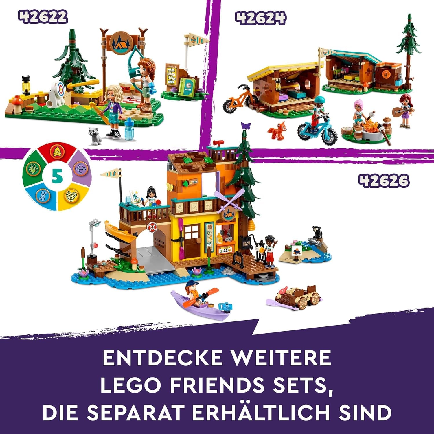 LEGO Friends Capanne accoglienti al campo avventure, set da gioco per giochi di ruolo all'aperto, giocattolo per bambini per ragazze e ragazzi a partire da 7 anni con 3 personaggi e volpe, giocattolo da campeggio 42624 Set da costruzione Besuche den LEGO-Store