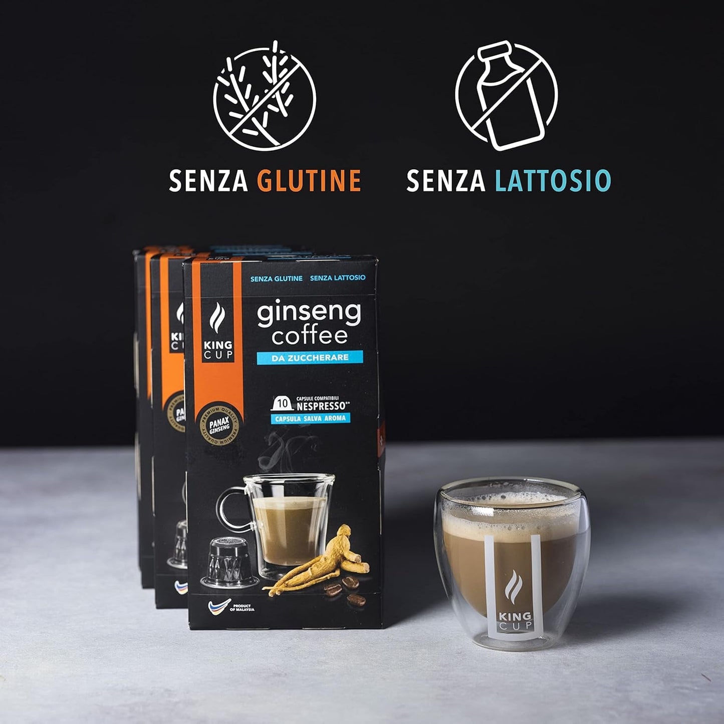 - 5 confezioni con 10 capsule di ginseng Zuckerfreier, 50 capsule compatibili al 100% con il sistema Nespresso di Ginseng Drink, senza glutine e senza lattosio.