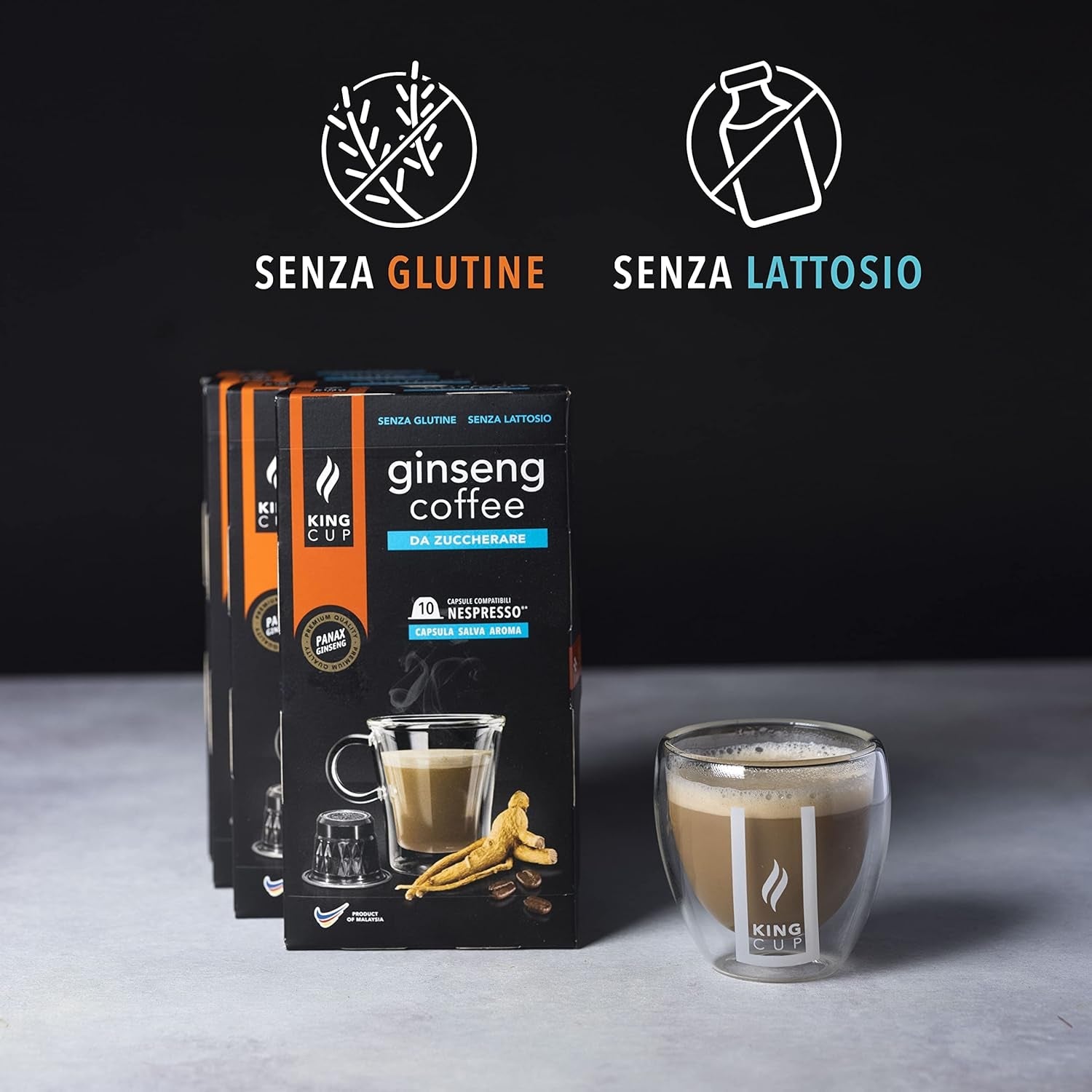 - 5 confezioni con 10 capsule di ginseng Zuckerfreier, 50 capsule compatibili al 100% con il sistema Nespresso di Ginseng Drink, senza glutine e senza lattosio.
