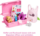 Bambola Barbie, Barbie da viaggio con capelli biondi, 10+ accessori da viaggio, adesivi, valigia, cucciolo, include 1 bambola, regalo per bambini, giocattolo età 3+, HJY18