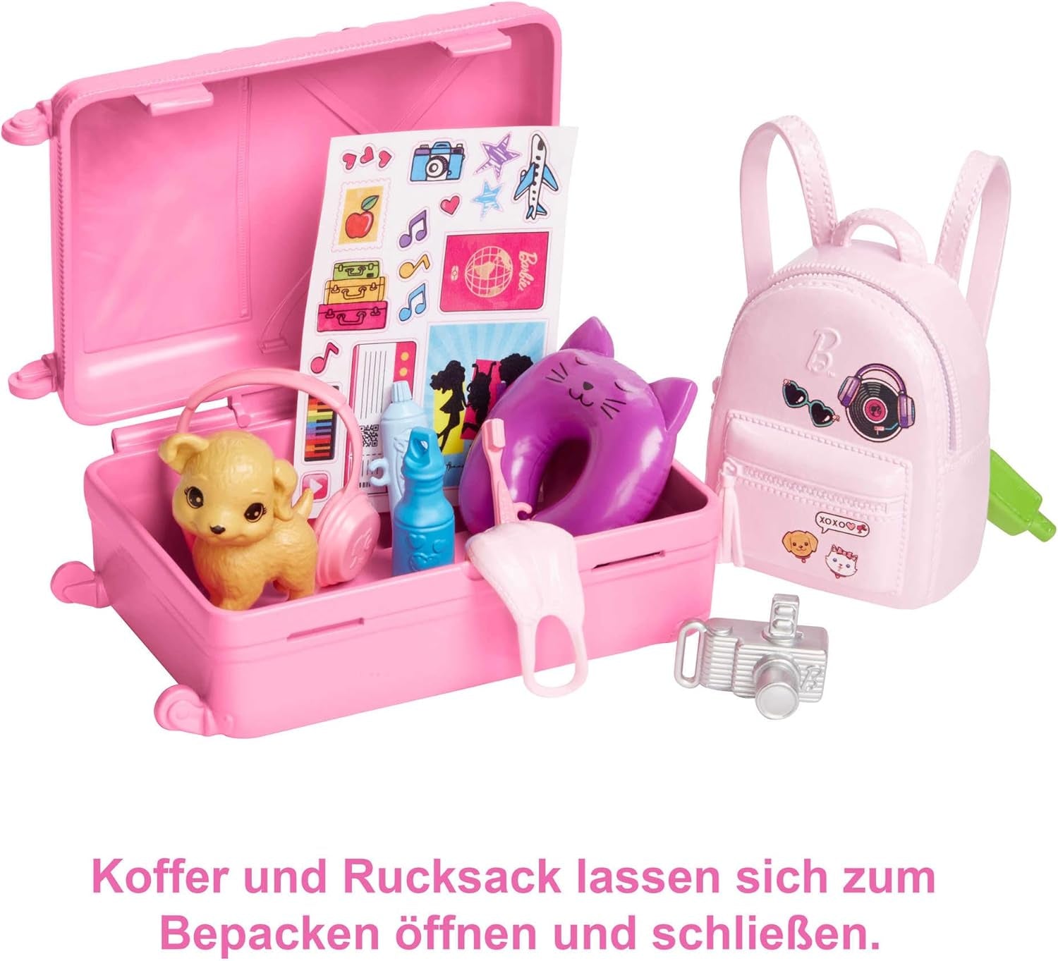 Bambola Barbie, Barbie da viaggio con capelli biondi, 10+ accessori da viaggio, adesivi, valigia, cucciolo, include 1 bambola, regalo per bambini, giocattolo età 3+, HJY18