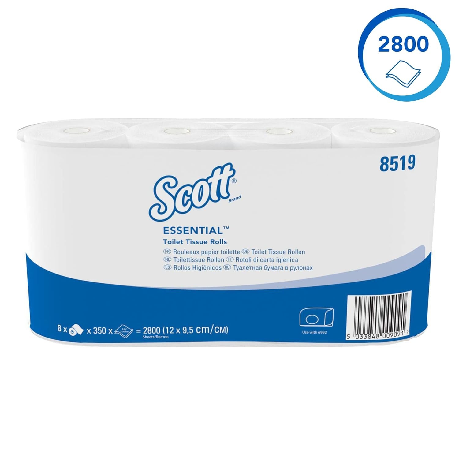 Carta igienica Scott® Essentialtm 8519 Carta igienica bianca in fibra riciclata certificata FSC a 2 veli 64 rotoli x 350 fogli (totale 22.400 fogli)