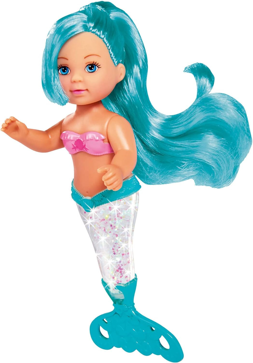 Simba 105733482 - Evi Love Glitter Sirena, bambola sirena con una pinna caudale che si illumina quando viene agitata. Viene fornito UN solo articolo.