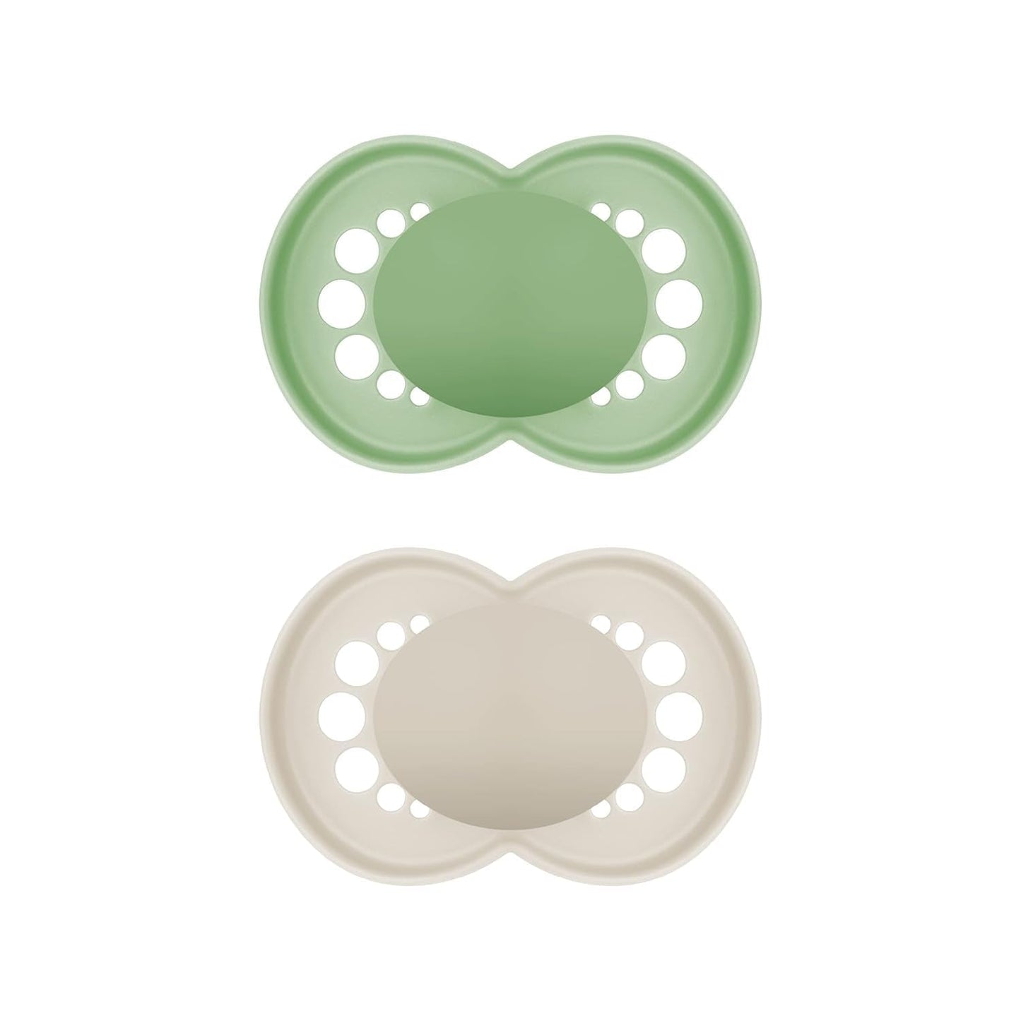 Ciucci originali MAM, confezione da 2, ciucci per bambini adatti ai denti, realizzati con materiali sostenibili e biorigenerabili, tettarelle in silicone MAM SkinSoft, con scatola per ciuccio, 6-16 mesi, verde/beige