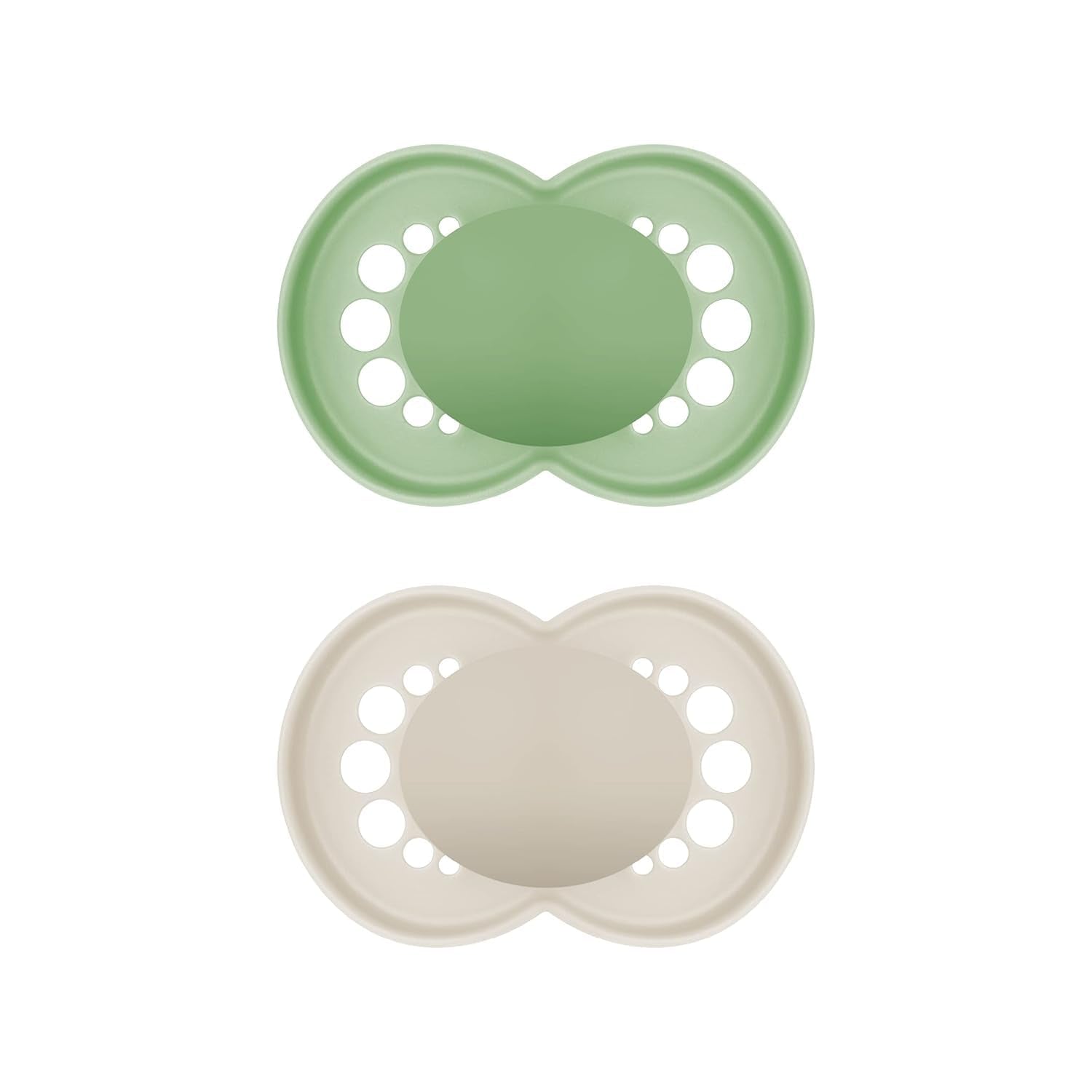 Ciucci originali MAM, confezione da 2, ciucci per bambini adatti ai denti, realizzati con materiali sostenibili e biorigenerabili, tettarelle in silicone MAM SkinSoft, con scatola per ciuccio, 6-16 mesi, verde/beige