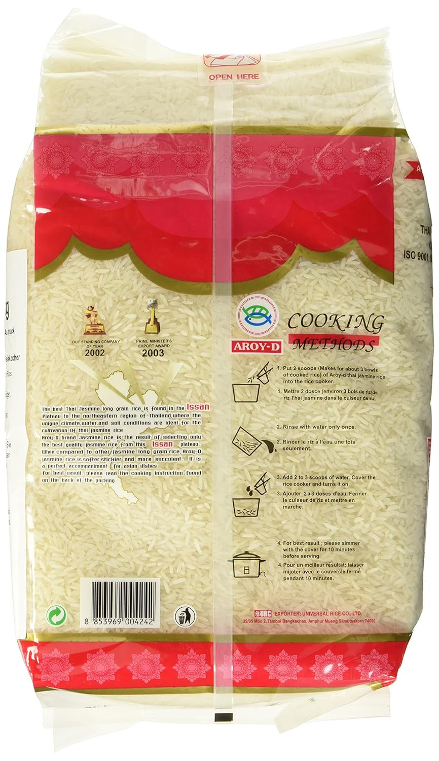 Riso profumato Aroy-D, riso a grani lunghi 100%, 1 confezione (1 x 5 kg)