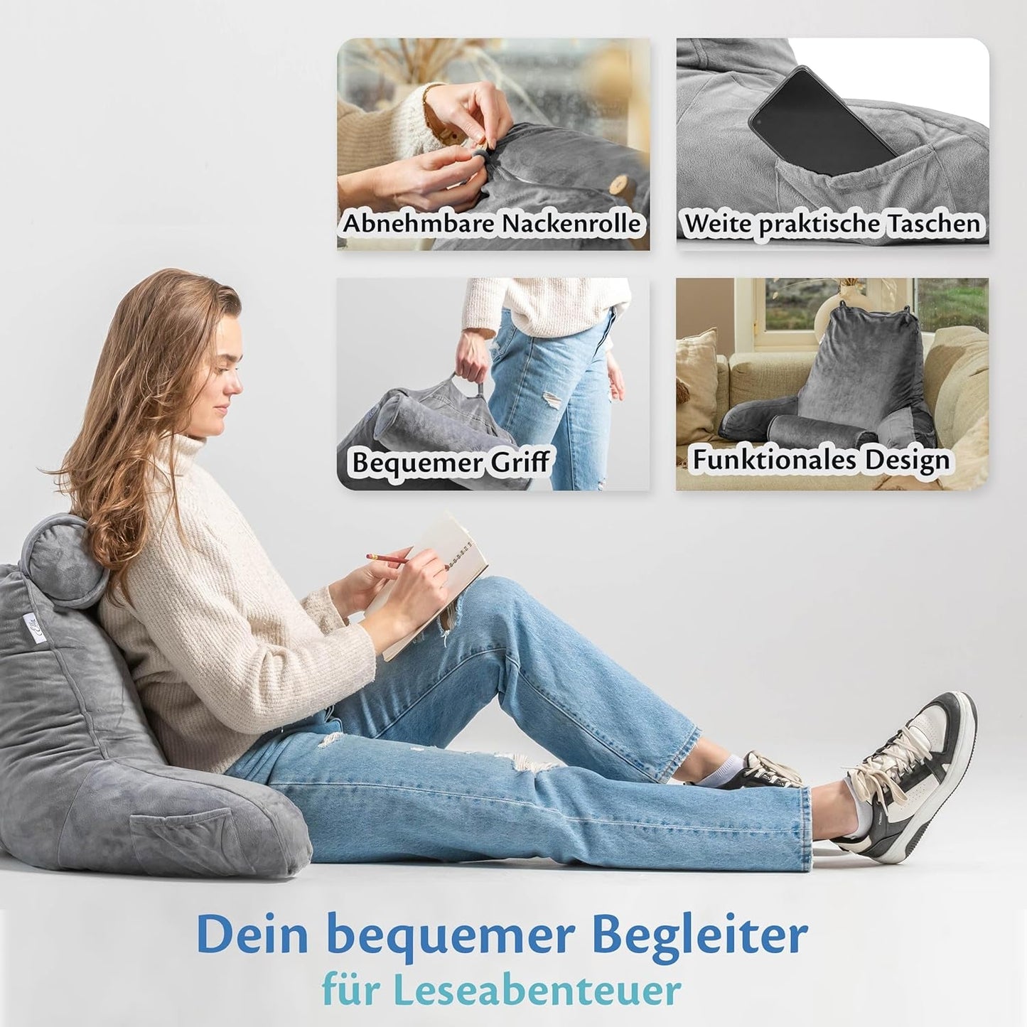 Ella Cuscino da Lettura per Letto e Divano con Rullo per Collo Rimovibile - Cuscino per la Schiena per Letto - Cuscino da Lettura in Memory Foam con Braccioli, Ideale per Leggere, Guardare la TV, Rilassarsi o come Supporto per la Schiena - Grigio
