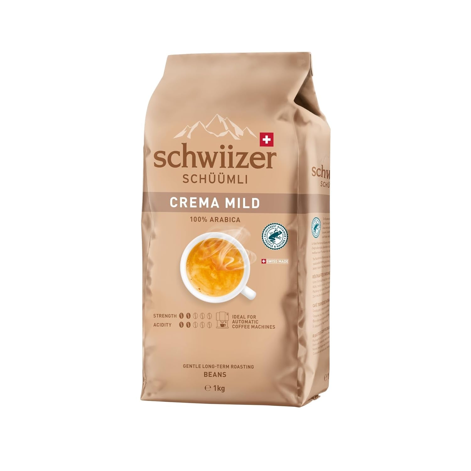 Schwiizer Schüümli Crema Mild, chicchi di caffè 100% Arabica fini, armoniosi e delicati, ideale per macchine espresso automatiche, forza 2/5, tostatura chiara, Rainforest Alliance, 1kg