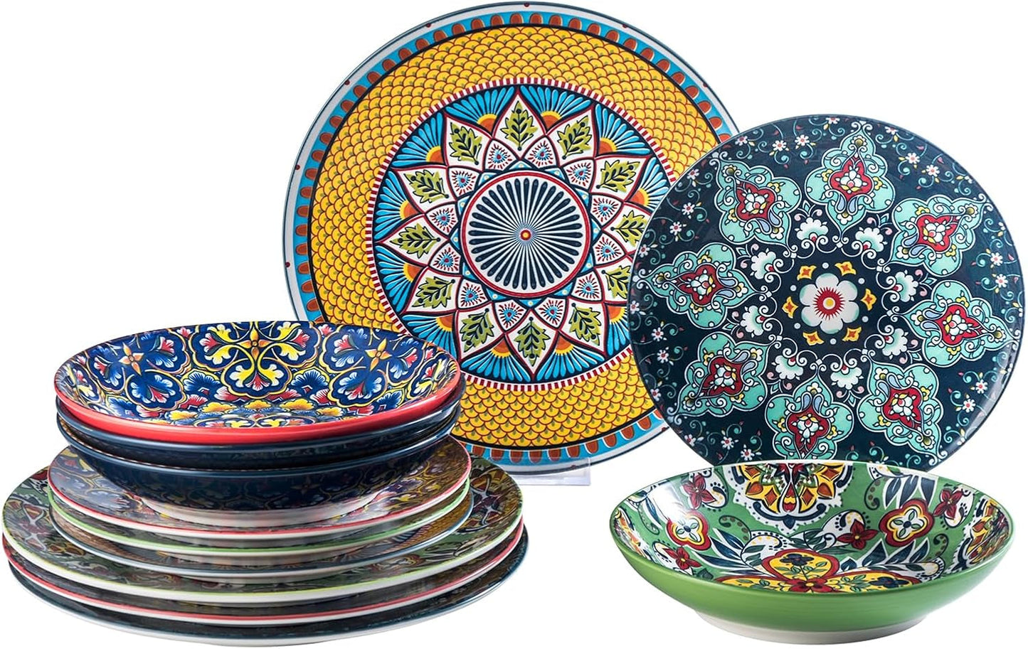 HENXFEN LEAD Servizio di stoviglie in porcellana, Servizio di stoviglie da 12 pezzi per 4, Servizio di stoviglie colorato per 4 - Piatti dipinti a mano, Piatti da dessert, Piatti fondi - Stile bohémien