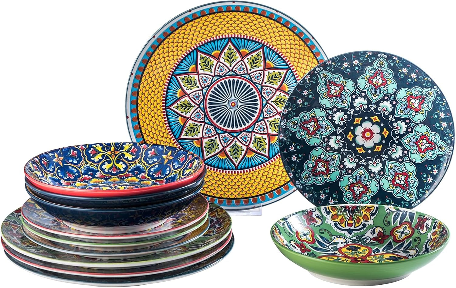 HENXFEN LEAD Servizio di stoviglie in porcellana, Servizio di stoviglie da 12 pezzi per 4, Servizio di stoviglie colorato per 4 - Piatti dipinti a mano, Piatti da dessert, Piatti fondi - Stile bohémien