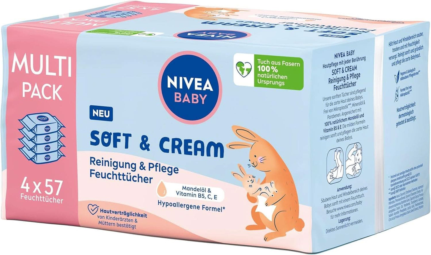 NIVEA BABY Soft & Cream Feuchttücher, Baby Feuchttücher Zur Sanften Reinigung Empfindlicher Babyhaut, Hypoallergene Feuchttücher Für Babies Mit Mandelöl und Vitaminen (4 X 57 Stück) Naty Shop