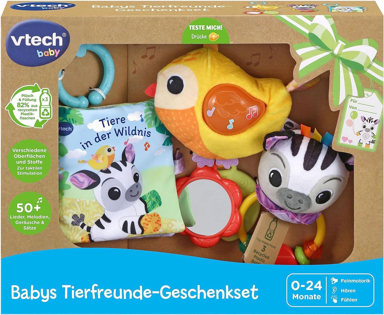 VTech Baby - Set regalo Amici Animali per Bebè - Set di giocattoli con libro in stoffa, uccellino che canta e sonaglio zebrato - Per bambini da 0 a 24 mesi Naty Shop