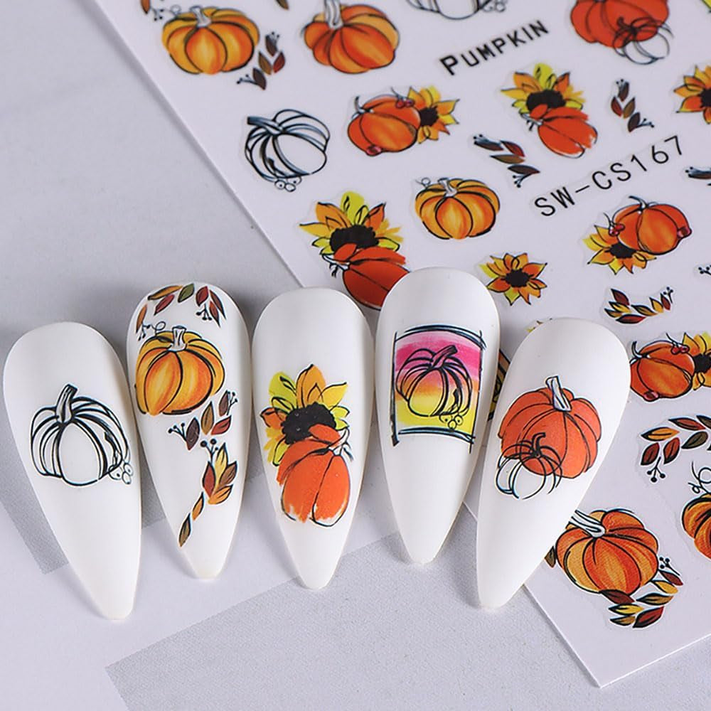 Adesivi per unghie autunnali 3D Adesivi per unghie foglie di zucca Linea geometrica Fiori Adesivi per unghie Design del Giorno del Ringraziamento Adesivi per unghie Autunno Zucca per unghie Accessori per unghie Nail Art