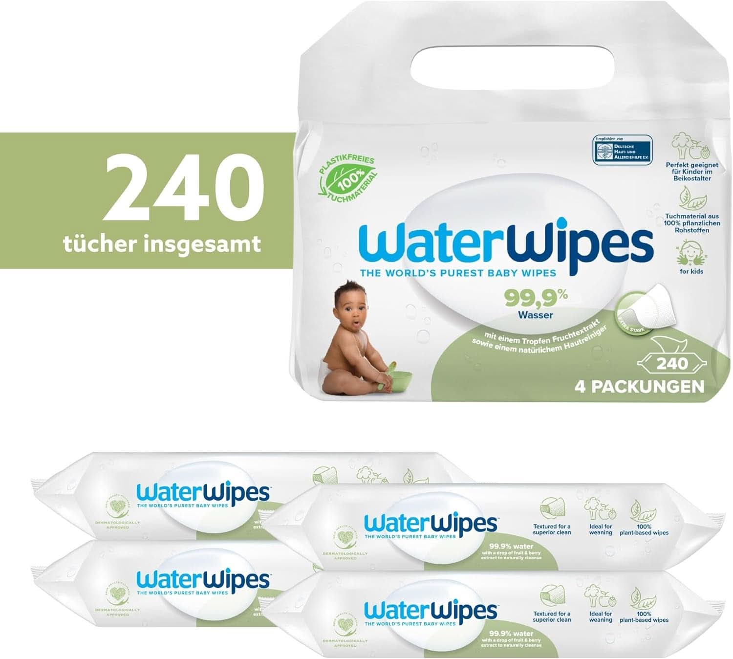 Waterwipes Plastikfreie, Texturierte Reinigungstücher Für Kleinkinder & Babies, 240 Stück (4 Packungen), 99.9 % Wasserbasierte Reinigungstücher, Unperfümiert Für Empfindliche Haut Naty Shop