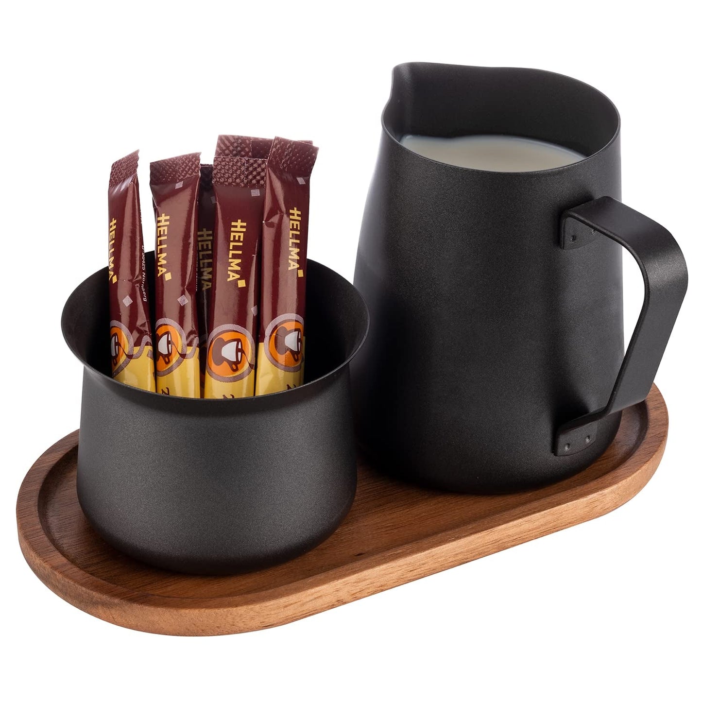 Set latte e zucchero APS 634, set 5 pezzi, legno di acacia, acciaio inossidabile, rivestimento antiaderente, nero
