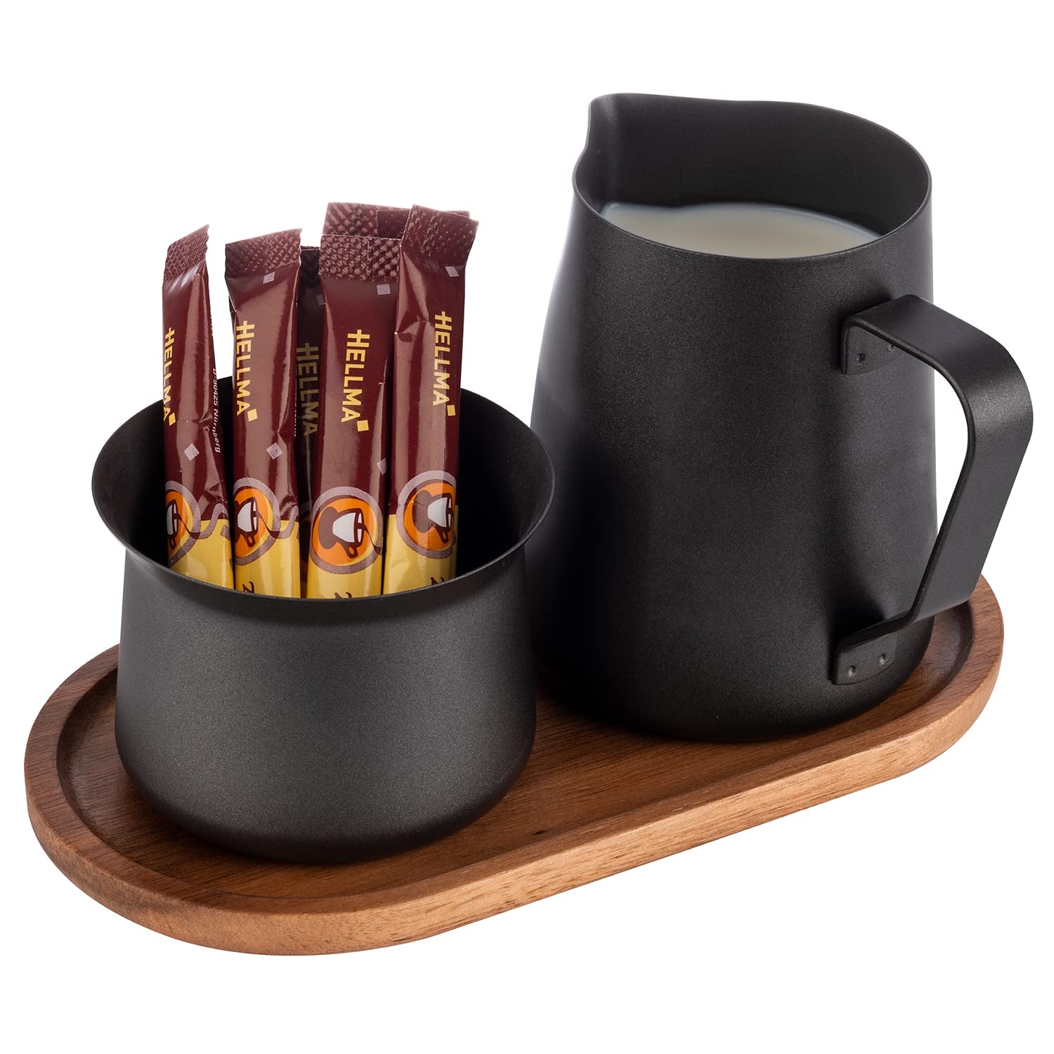 Set latte e zucchero APS 634, set 5 pezzi, legno di acacia, acciaio inossidabile, rivestimento antiaderente, nero