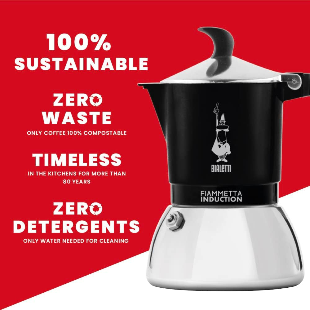 Macchina da caffè a induzione Bialetti Fiammetta, 2 tazze (100 ml), adatta a tutti i tipi di piani cottura, design elegante, nera