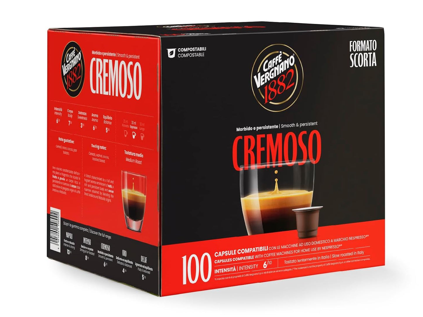 Caffè Vergnano 1882 - Èspresso Kaffeekapseln compostabili, compatibili con Nespresso, Cremoso - Packung Enthält 100 Kapseln