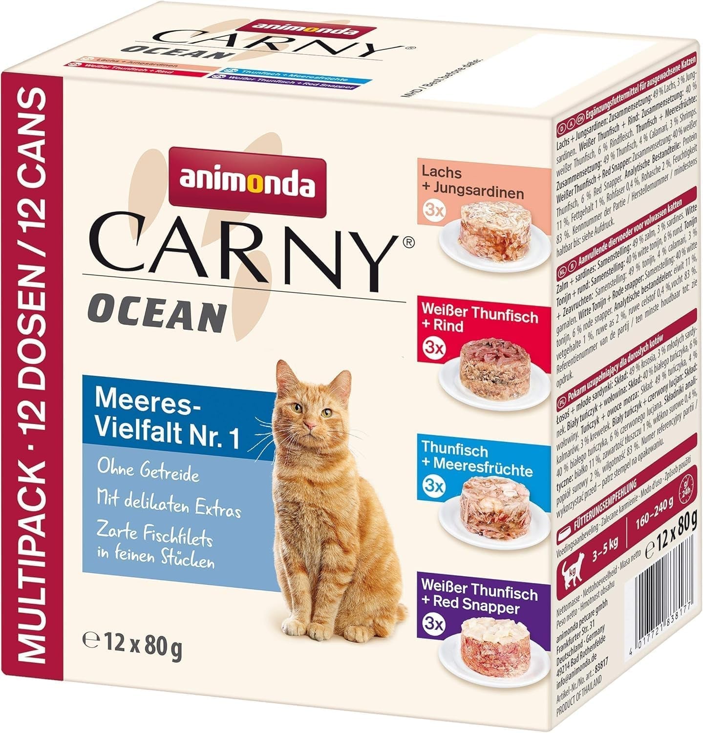 animonda Carny Adult Ocean Marine Variety No. 1 (12 x 80 g), cibo umido per gatti adulti, cibo umido con teneri filetti di pesce, cibo per gatti senza cereali e senza zucchero