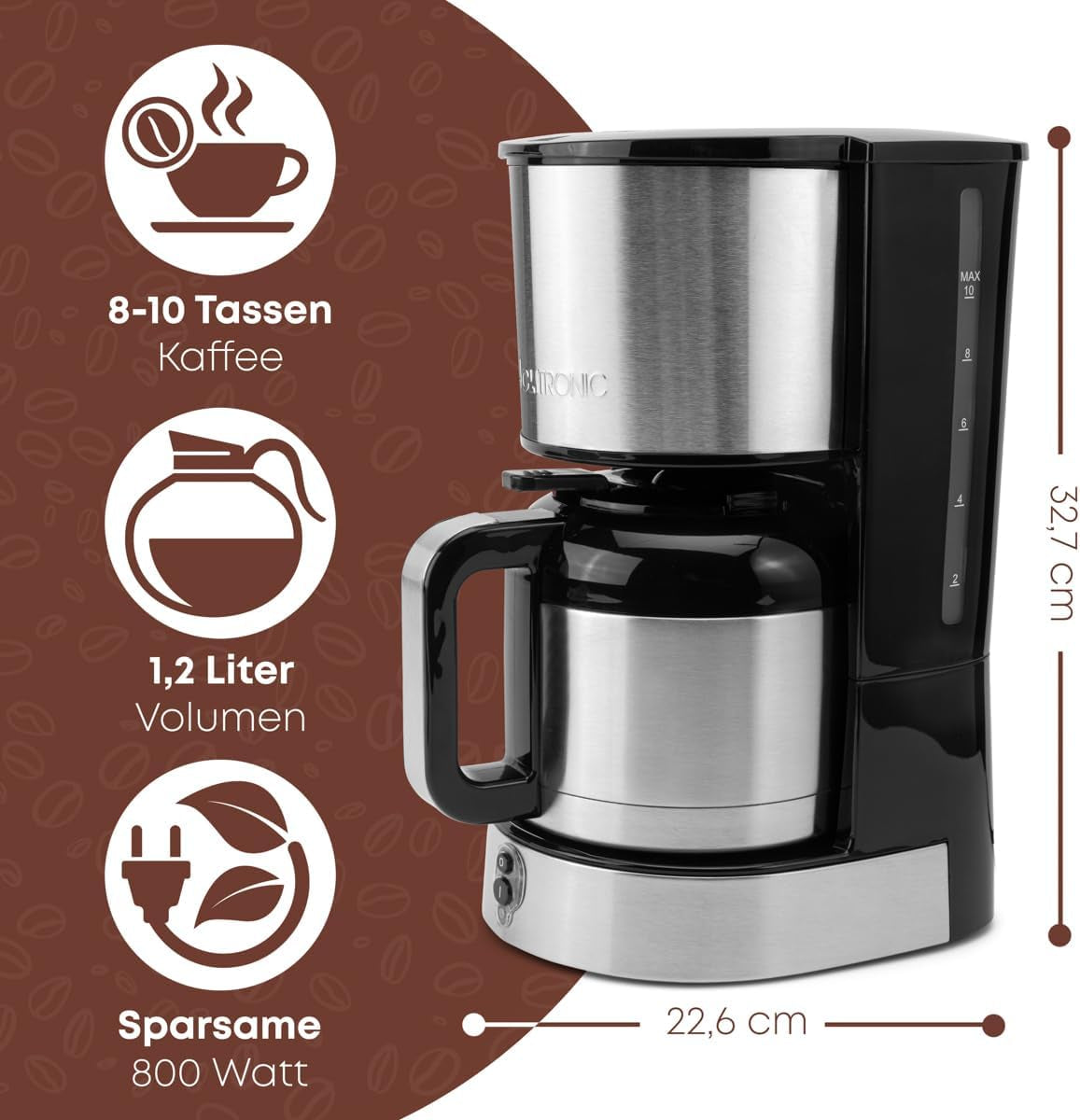 Caffettiera Clatronic® con caraffa thermos per 8–10 tazze di caffè (ca. 1,2 l) | Caffettiera con filtro in acciaio inox | Caraffa termica a doppia parete | Nessuna perdita di temperatura | Caffettiera 800 W | KA3805