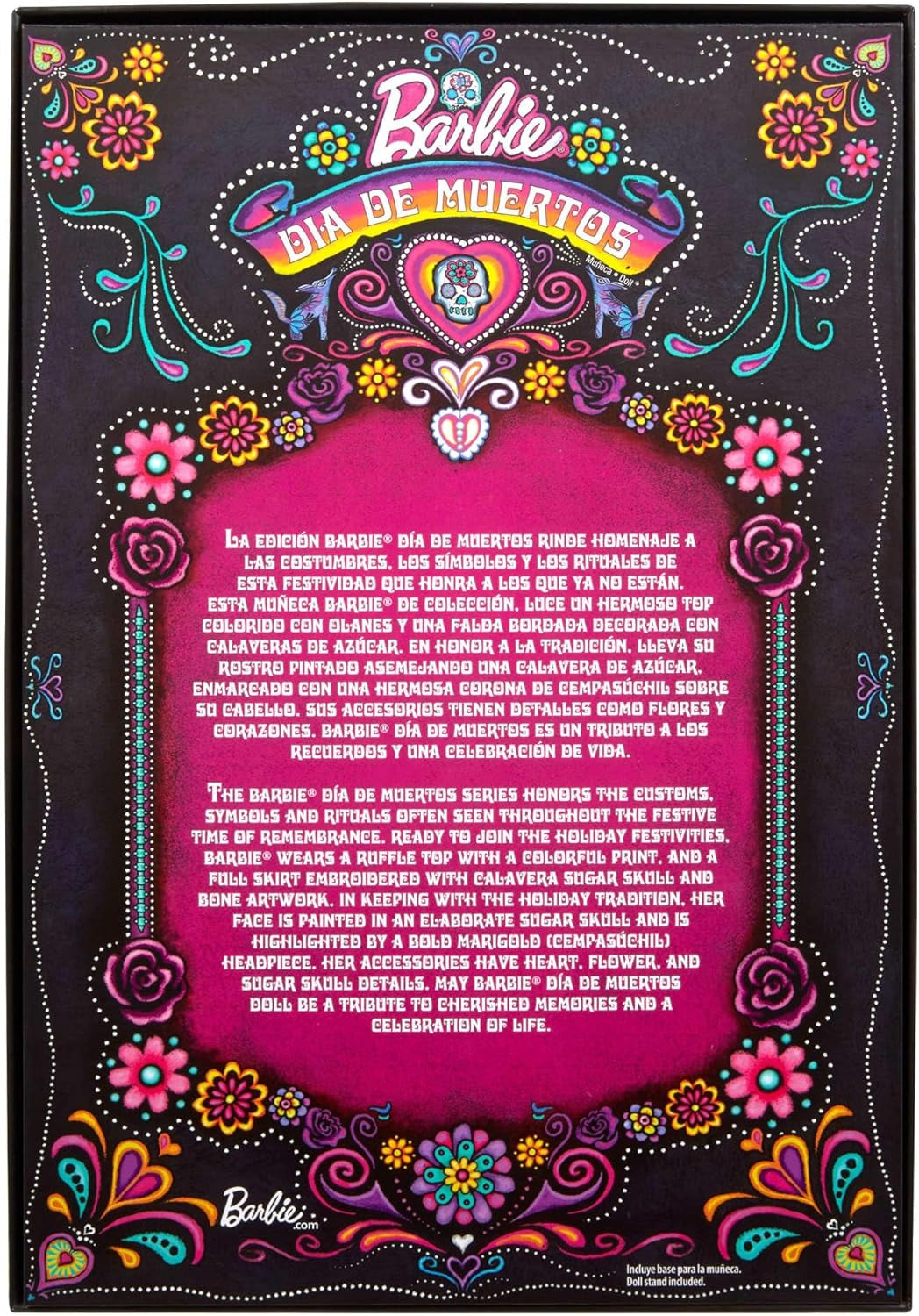 Barbie Signature Doll, Día De Muertos 2024 Figura da collezione in abito nero e top blu con volant, stampa ricamata e accessori colorati, HRM72