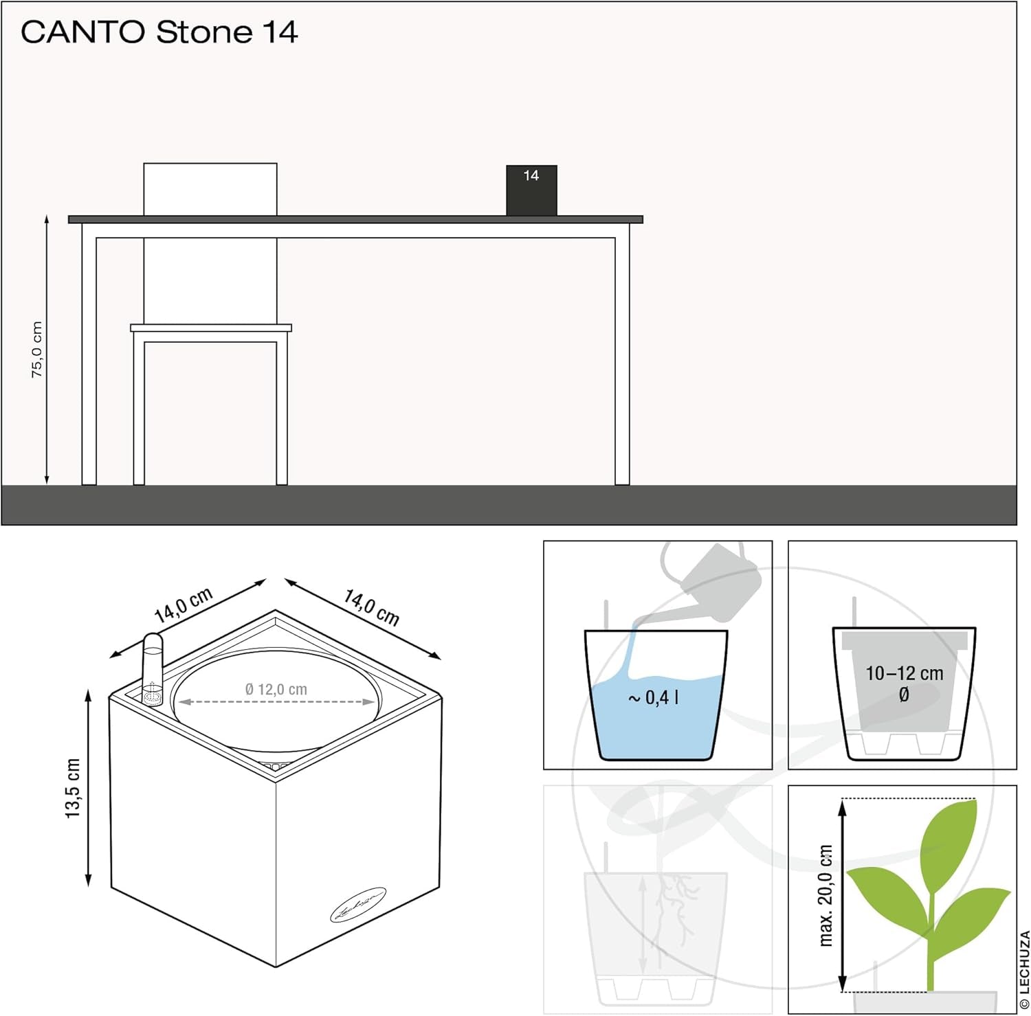 Cubo per erbe aromatiche di alta qualità LECHUZA CANTO Stone 14 con sistema di irrigazione a bastoncino, grigio pietra