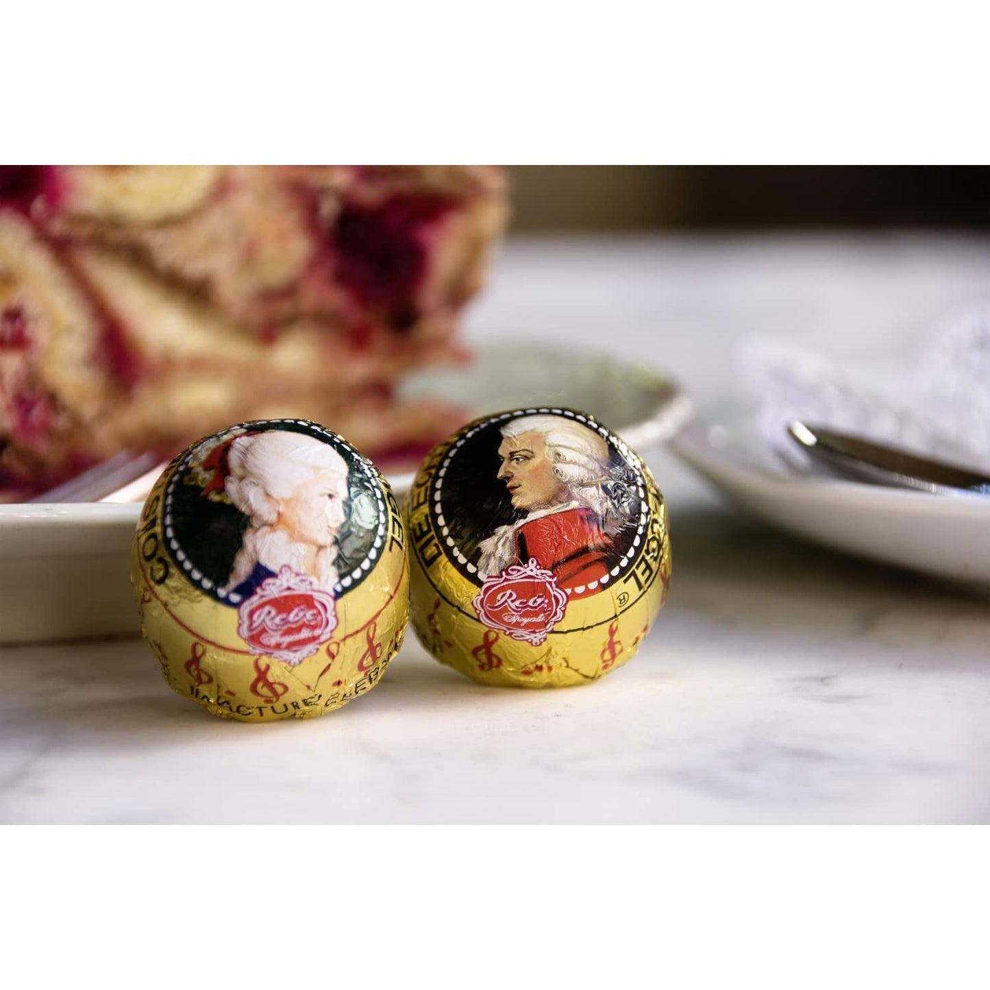 Palline Reber Mozart - 5 buste da 5 caramelle nell'edizione natalizia - Autentiche palline Reber Mozart, fatte di cioccolato fondente, marzapane e torrone