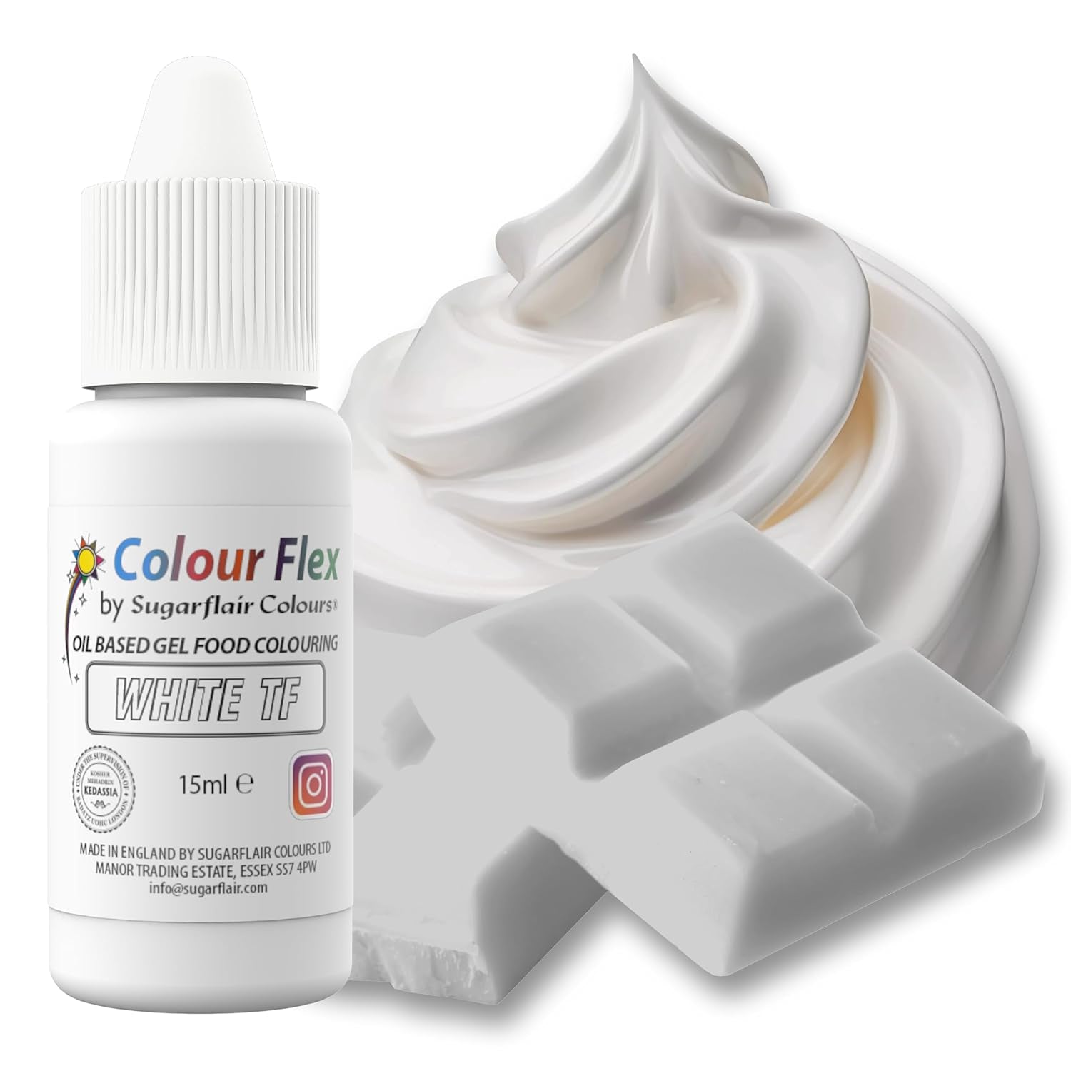 Sugarflair Colourflex Colorante alimentare bianco a base di olio, colorante alimentare liquido altamente concentrato, colorante alimentare per crema al burro, cioccolato, pasta, fondente, glassa e altro - 15 ml