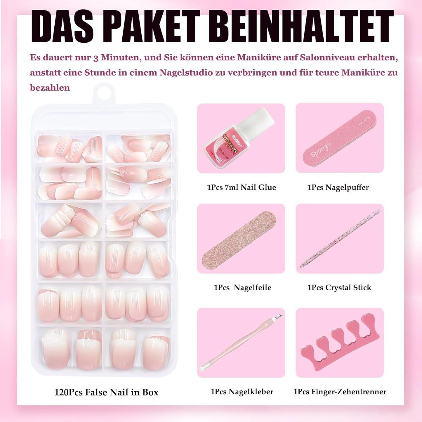 120 unghie finte rosa nude con colla per unghie - 12 misure per unghie corte ovali quadrate a pressione - bellissime unghie, colla su unghie artificiali - adatte per il design delle unghie fai da te da donna (squavale rosa sfumato)