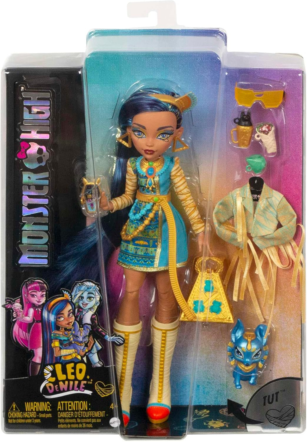 Monster High Cleo de Nile Puppe, Mummie Modepuppe, Königliches Outfit, Killersstiefel, Pyramidenrucksack, Zubehör, für Kinder ab 4 Jahren, HHK54