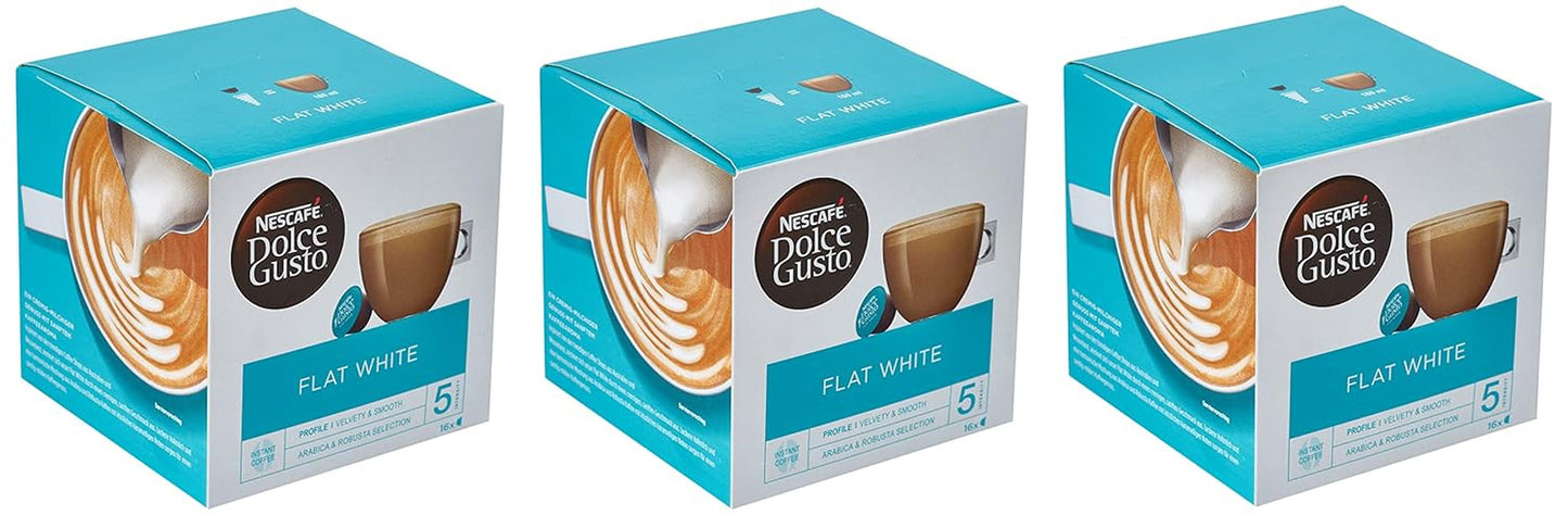 NESCAFÉ Dolce Gusto Flat White, 48 Kaffeekapseln, Arabica e Robusta Bohnen, Cremig-Milchiger Genuss, Kaffeekreation, Coffee-Shop Trend, Aromaversiegelte, Confezione da 9 (3x16 Kapseln)