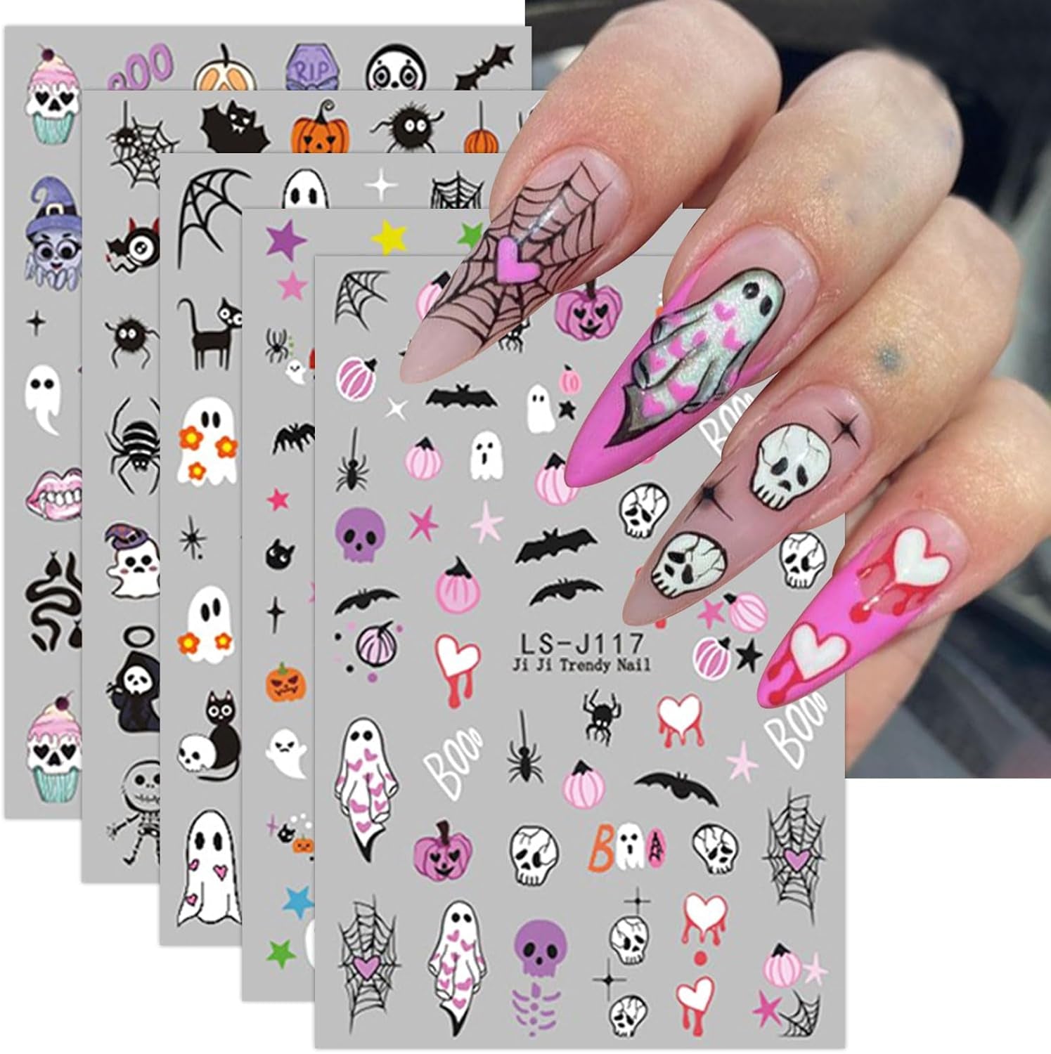 JMEOWIO Adesivo per unghie Halloween Süßer Geisterkürbis 9 Blatt Nail Art Sticker Selbstklebend Nagelaufkleber Dekoration Nageldesign Zubehör