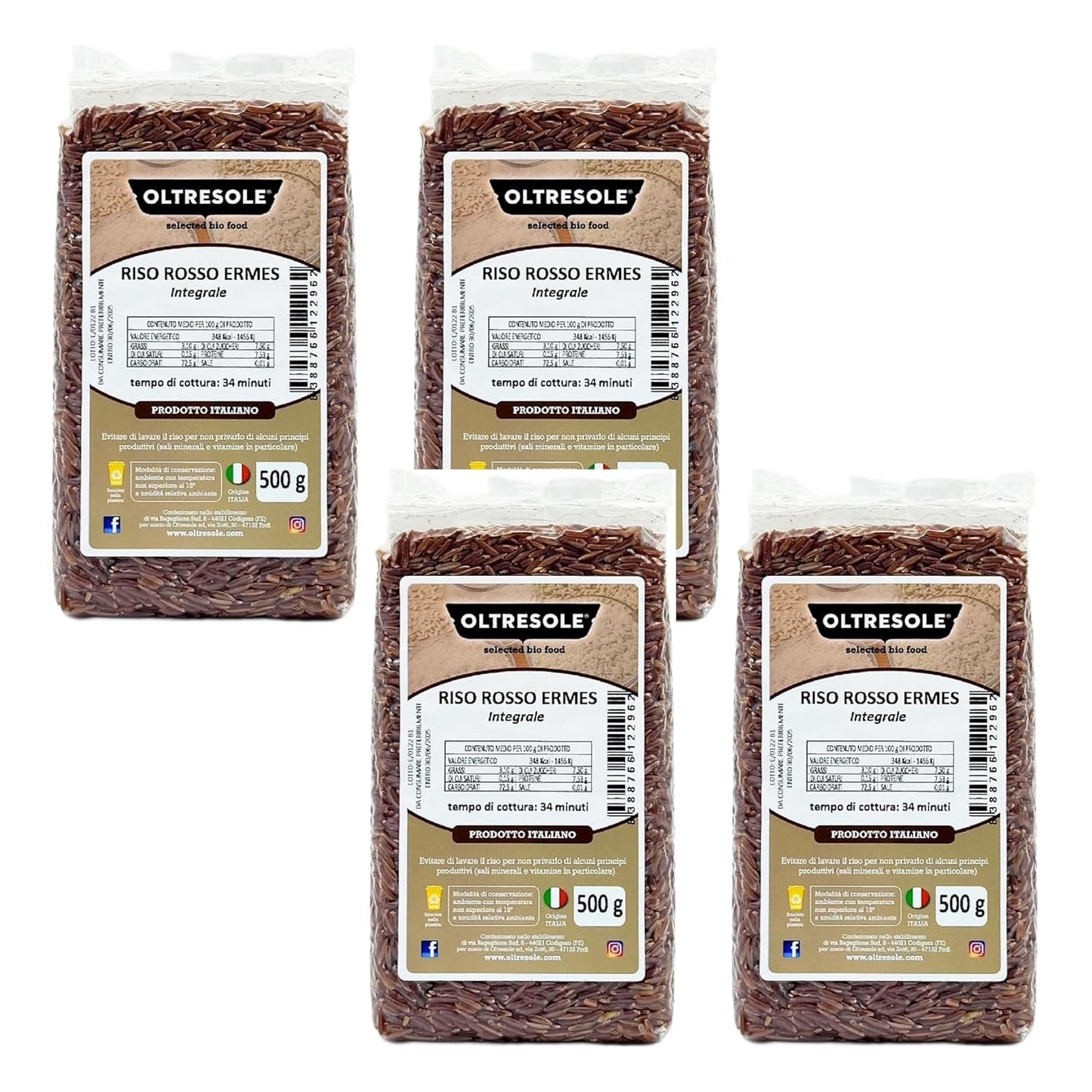 Riso Italiano Integrale, Riso Non Raffinato Ad Alto Contenuto Di Fibre, Ideale Per Insalate Di Riso Creative E Piatti Sani, Confezionato Sottovuoto, 4 Confezioni x 500g