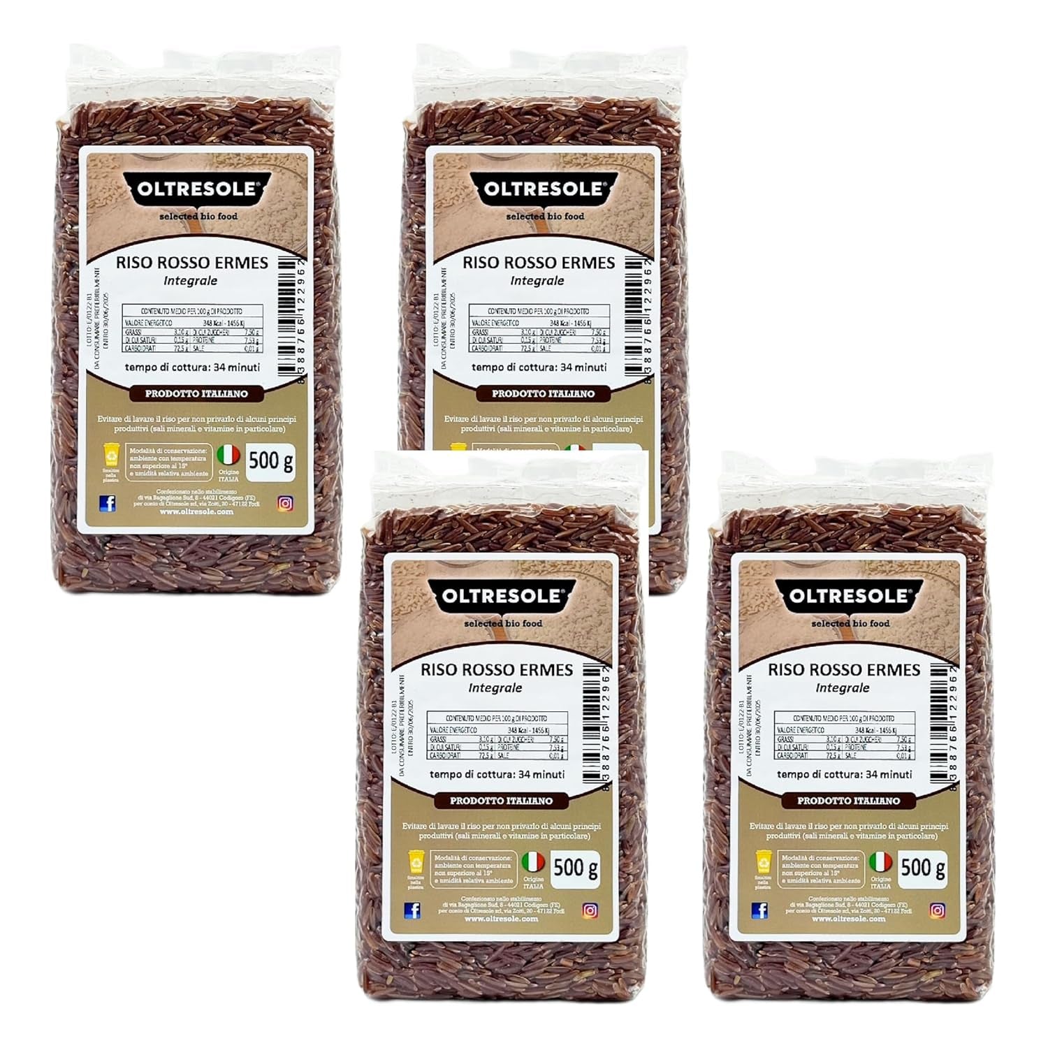 Riso Italiano Integrale, Riso Non Raffinato Ad Alto Contenuto Di Fibre, Ideale Per Insalate Di Riso Creative E Piatti Sani, Confezionato Sottovuoto, 4 Confezioni x 500g