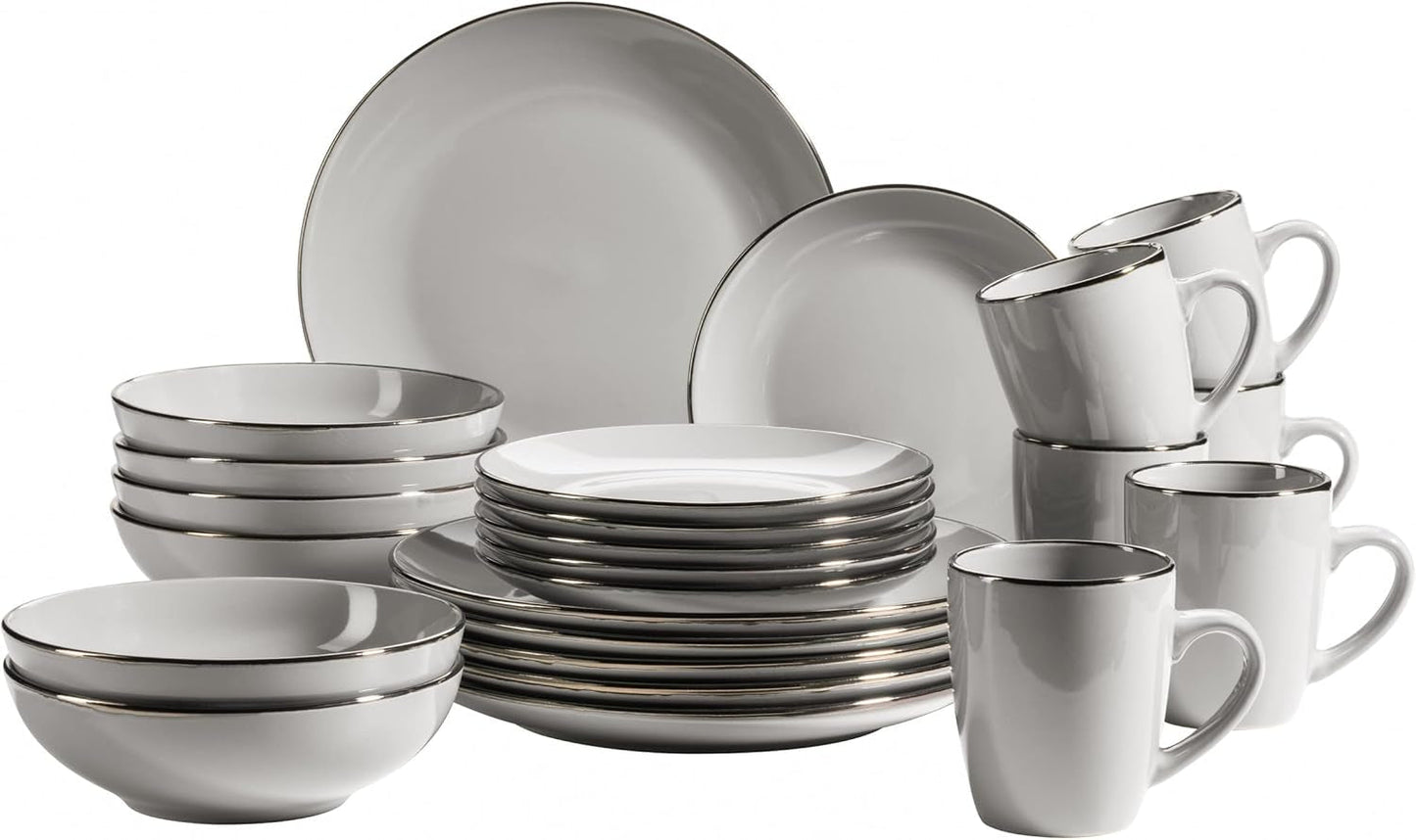 MÄSER Struttura in metallo, Set di stoviglie moderno per 6 persone con struttura color ottone, Servizio combinato da 24 pezzi con forme di tazze senza bordo, Gres, Grigio