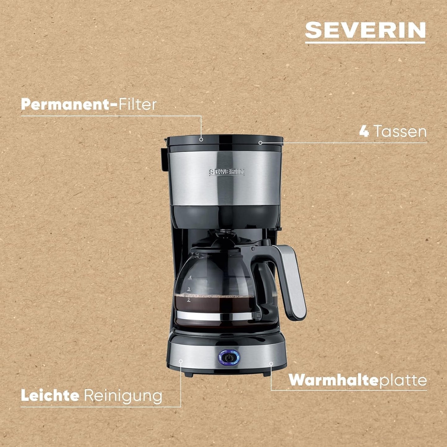 Macchina per caffè espresso compatta SEVERIN, caffè aromatico con macchina da caffè fino a 4 tazze, macchina per caffè espresso con filtro e filtro oscillante permanente, acciaio inossidabile/nero, KA 4808