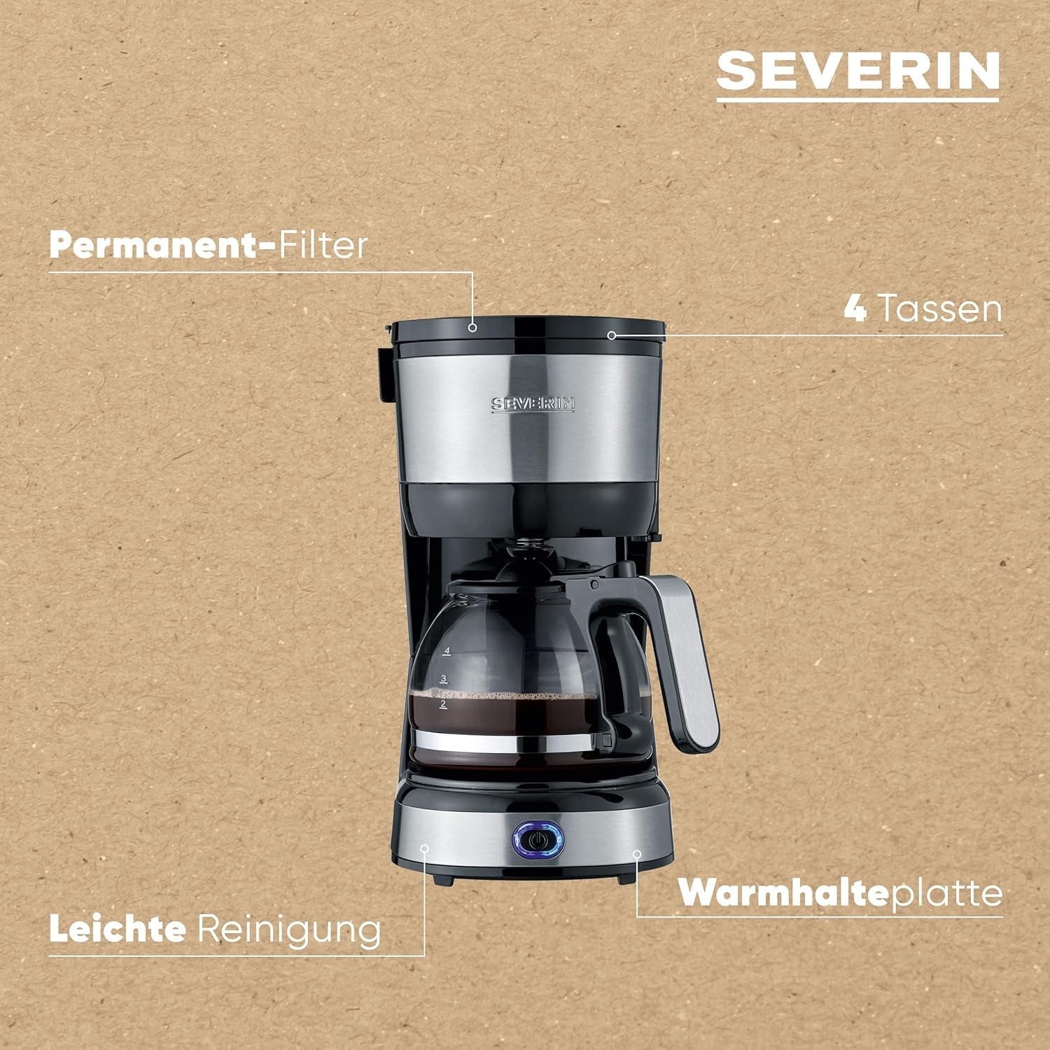 Macchina per caffè espresso compatta SEVERIN, caffè aromatico con macchina da caffè fino a 4 tazze, macchina per caffè espresso con filtro e filtro oscillante permanente, acciaio inossidabile/nero, KA 4808