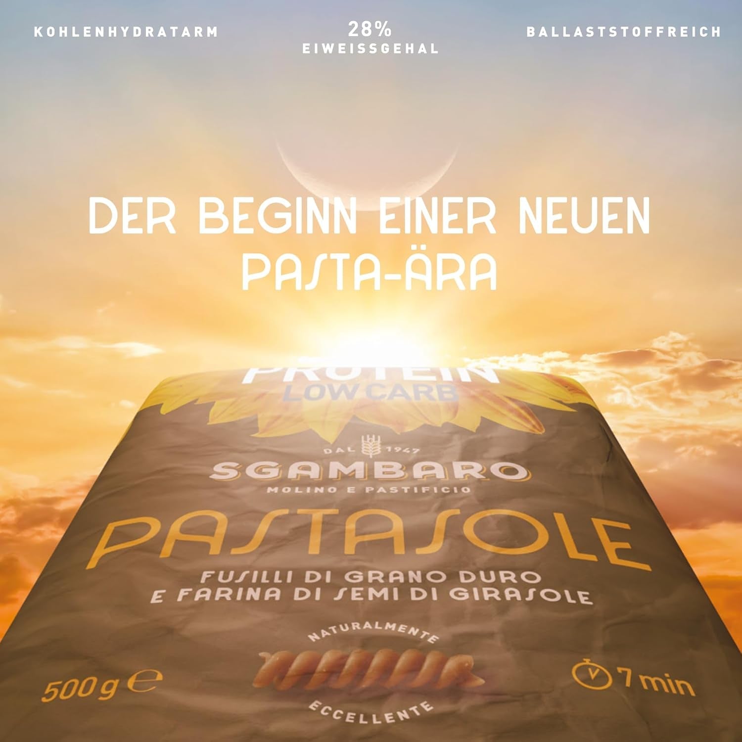 PASTASOLE , Penne Rigate con Hartweizengrieß aus 100% italienischem Anbau und Sonnenblumenkernmehl - 500g - High Protein, Low Carb, Hoher Ballaststoffgehalt