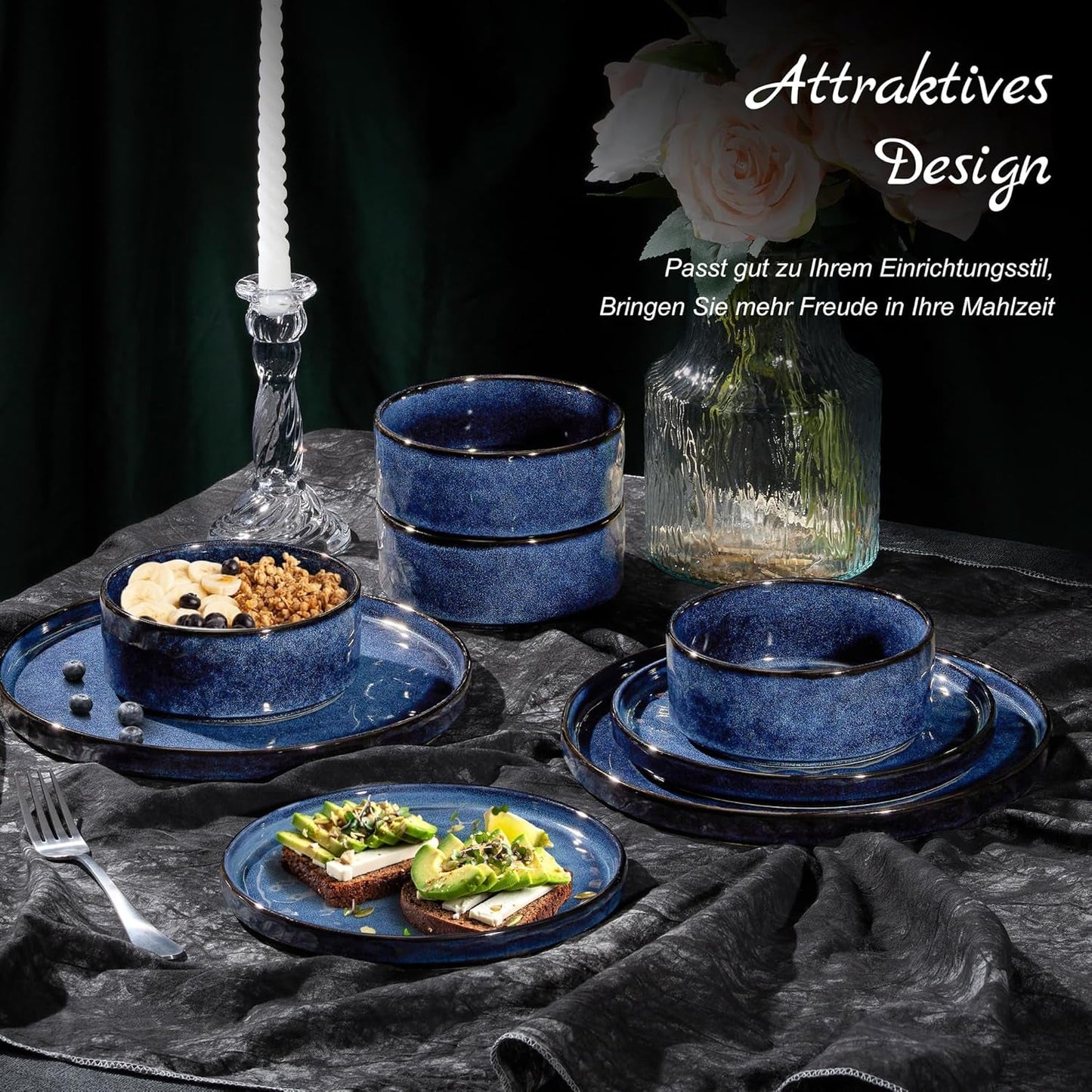 Homikit Servizio Piatti, Servizio Piatti 12 Pezzi per 4, Servizio Piatti Combo con Piatti, Piattini Dessert e Ciotole Cereali, Adatto al Microonde e alla Lavastoviglie, Elegante Blu