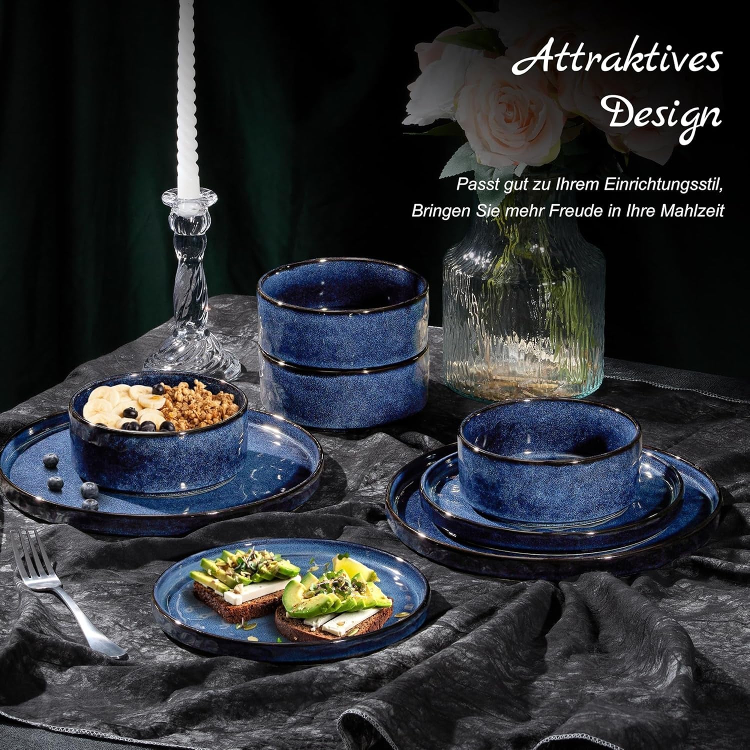 Homikit Servizio Piatti, Servizio Piatti 12 Pezzi per 4, Servizio Piatti Combo con Piatti, Piattini Dessert e Ciotole Cereali, Adatto al Microonde e alla Lavastoviglie, Elegante Blu