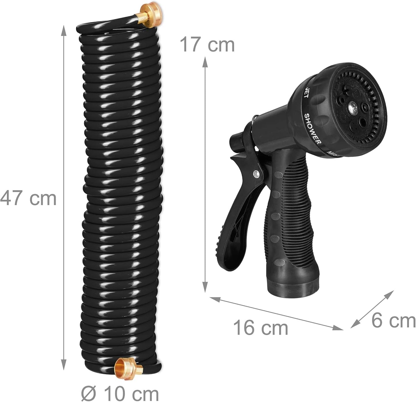 Relaxdays Tubo a Spirale Allungabile Fino a 10 Metri Tubo Flessibile da Giardino con Spruzzatore 7 Tipi di Getto Nero